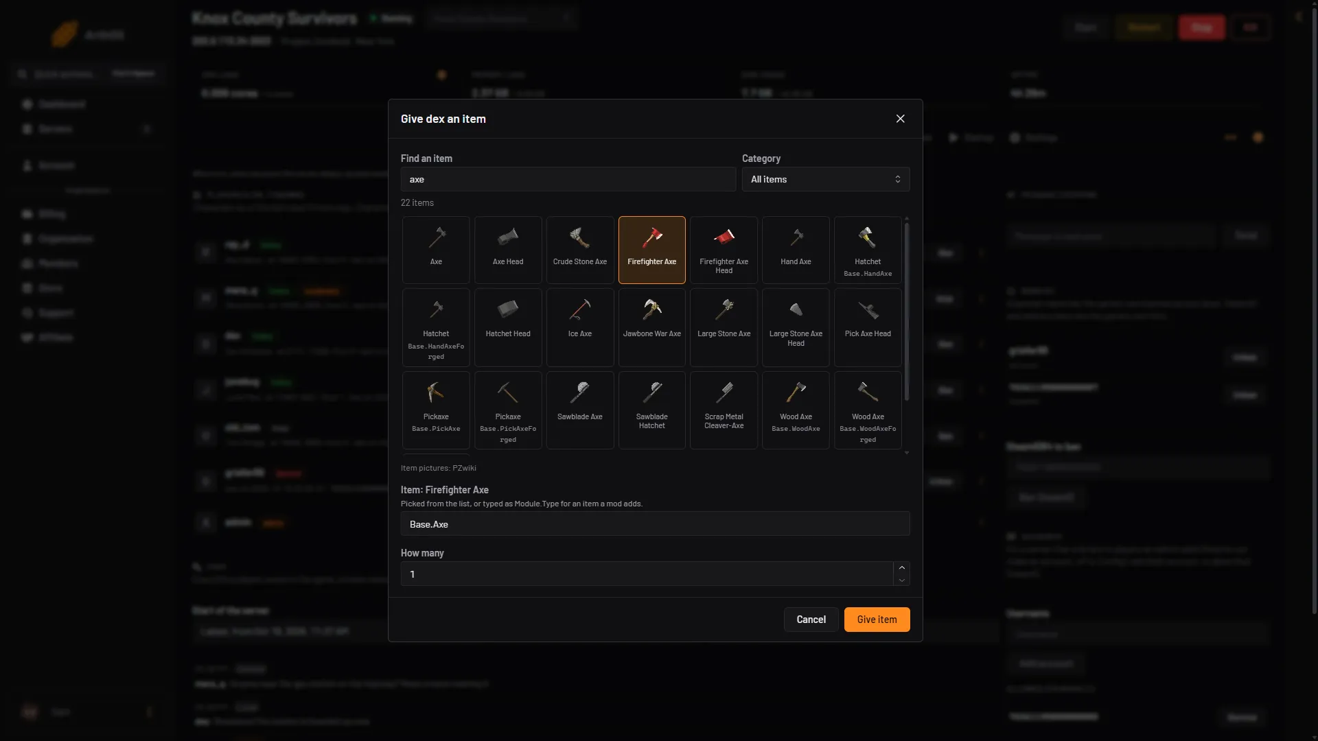 The Give item dialog with an axe picked, the Item box filled and Give item at the bottom