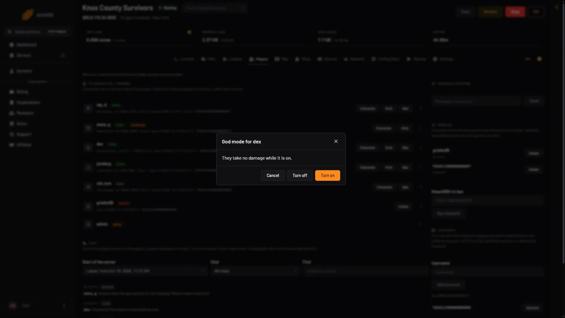 The God mode dialog with its one-line description and the Turn off and Turn on buttons