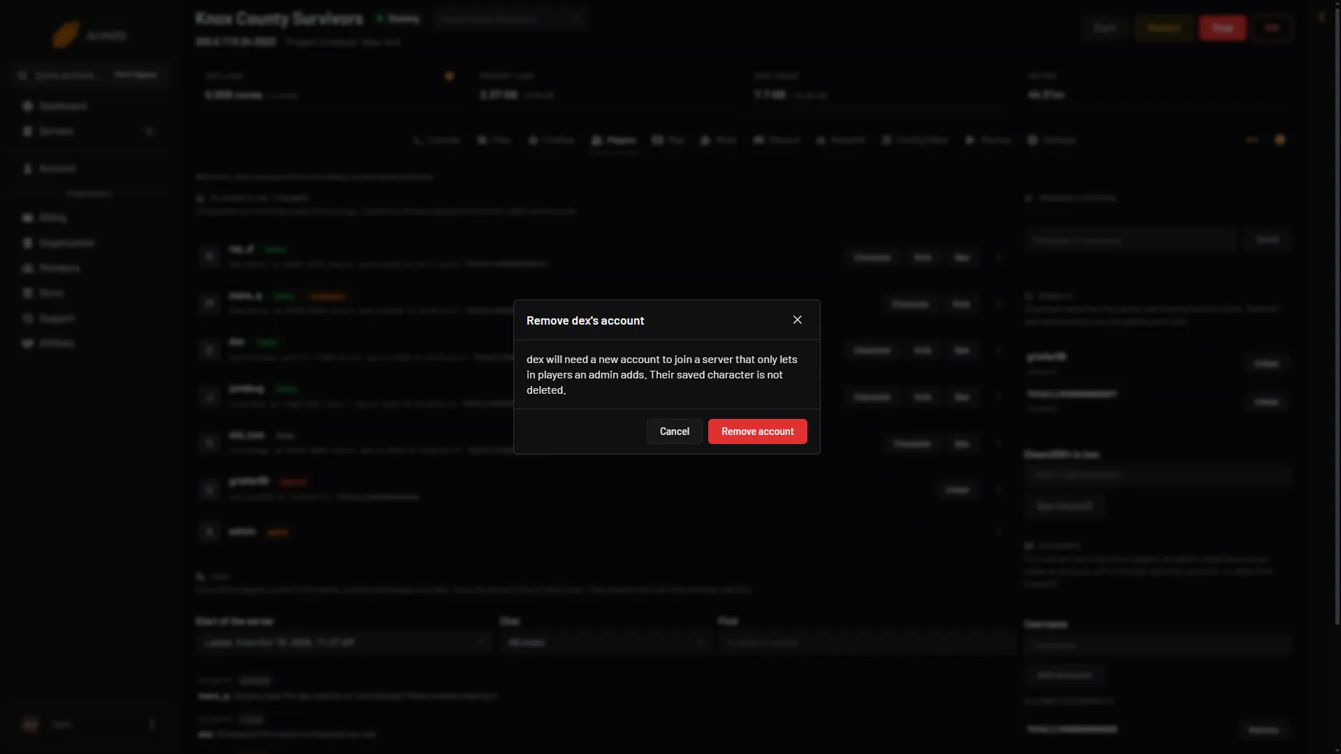 Remove account box with its warning and the Remove account button