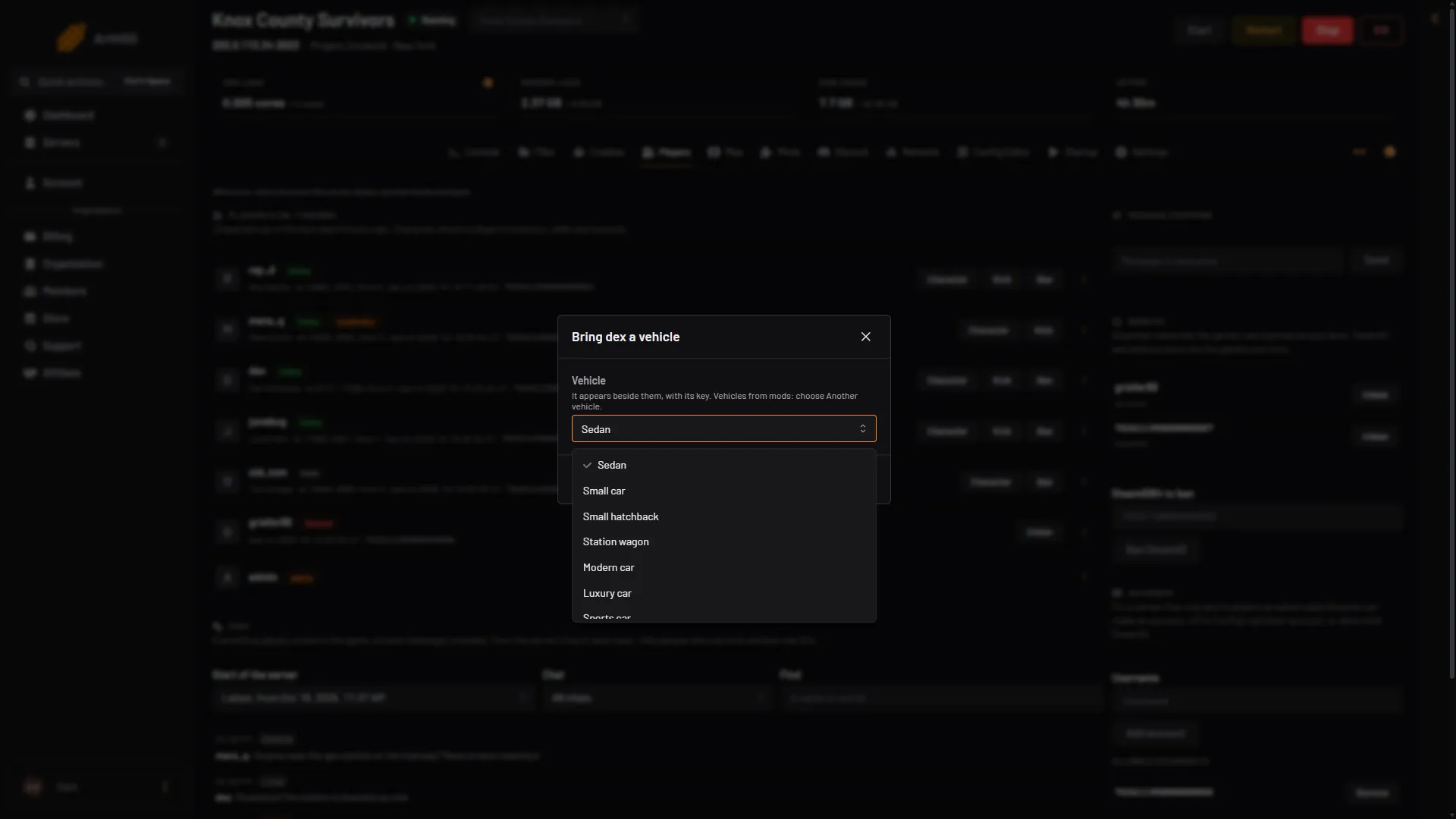 The Bring a vehicle dialog with the Vehicle list open and the Sedan first