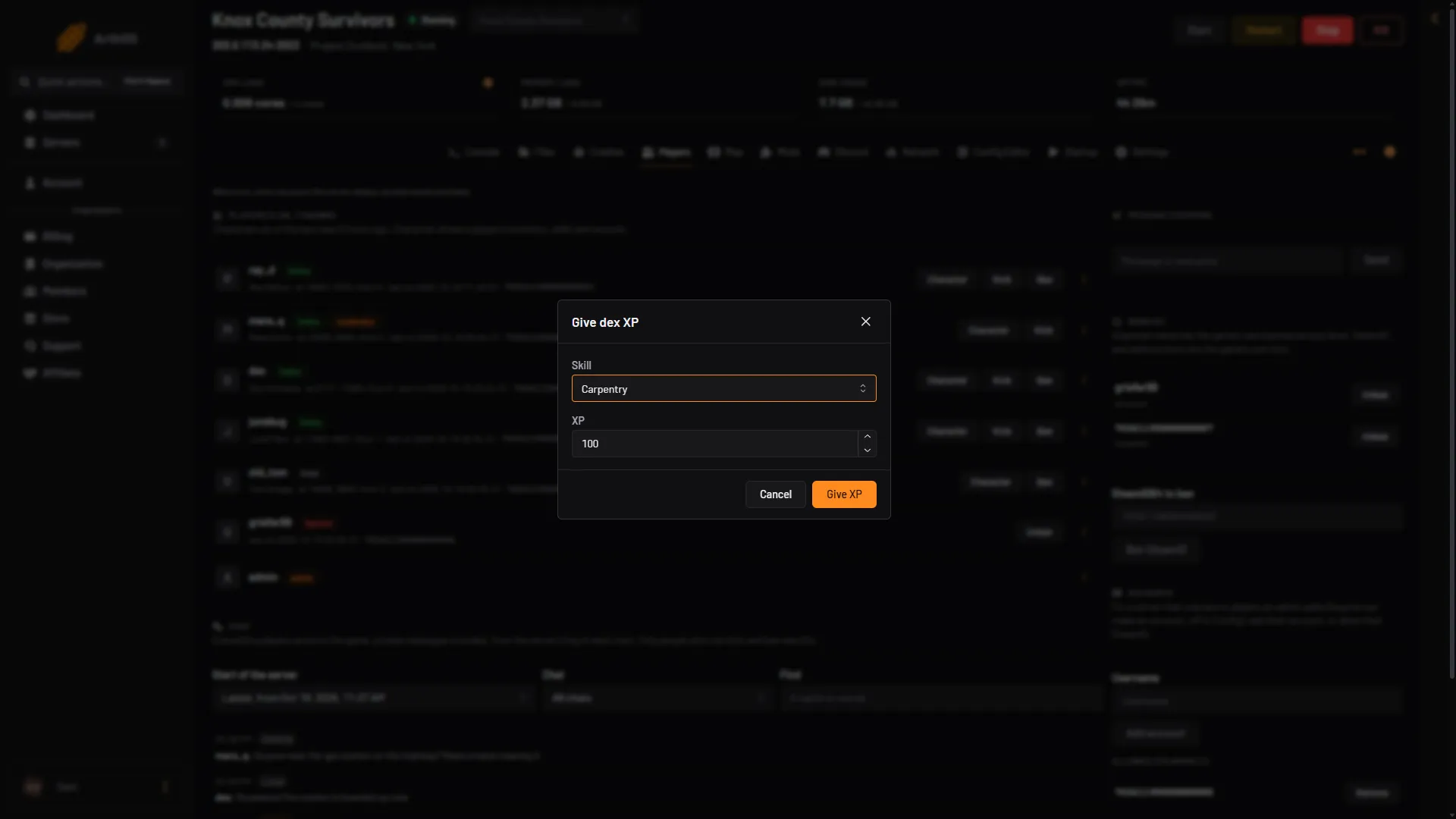 Give XP box with the Skill, XP and Give XP controls