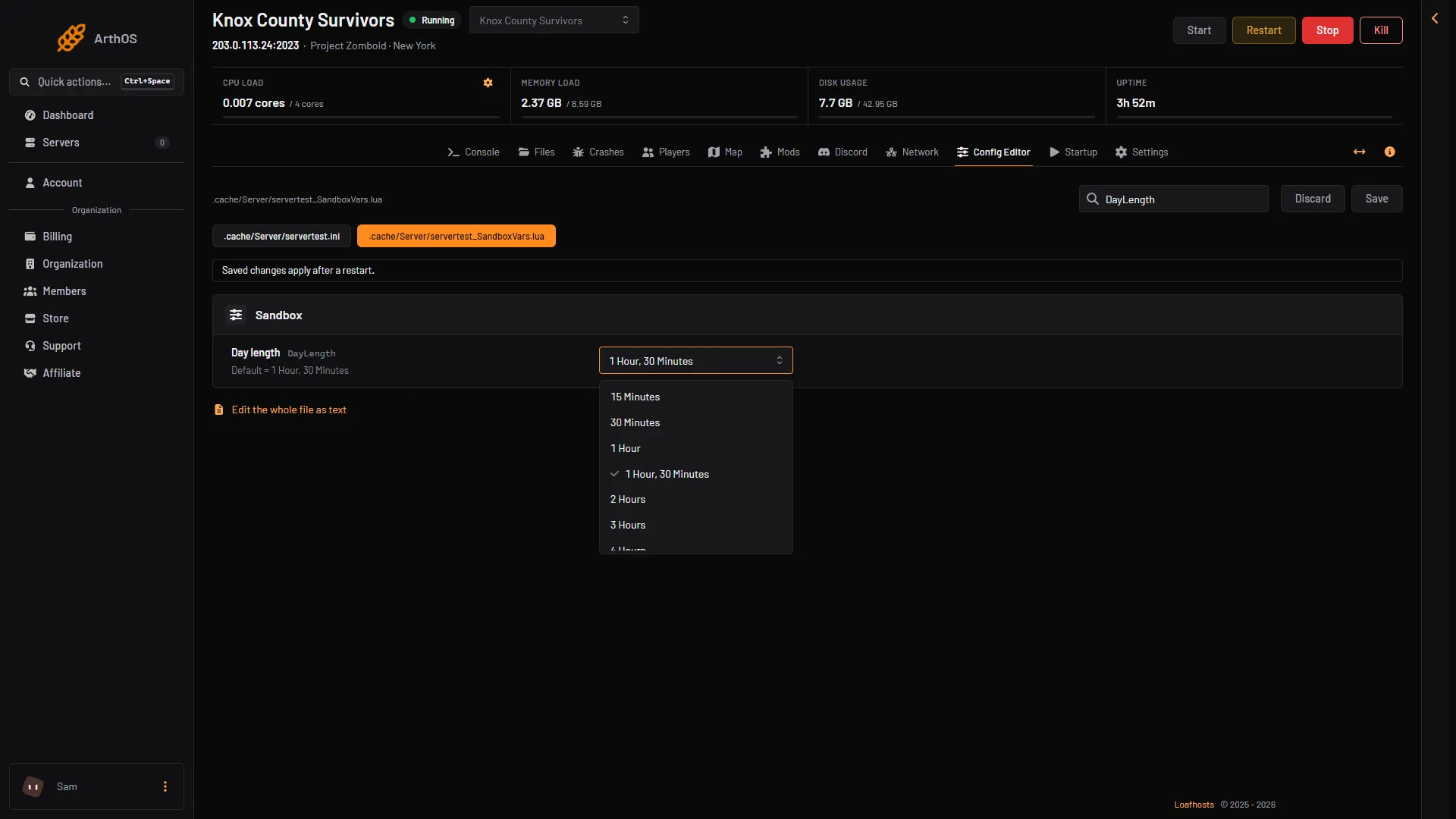 Day length list open in the Config Editor sandbox file