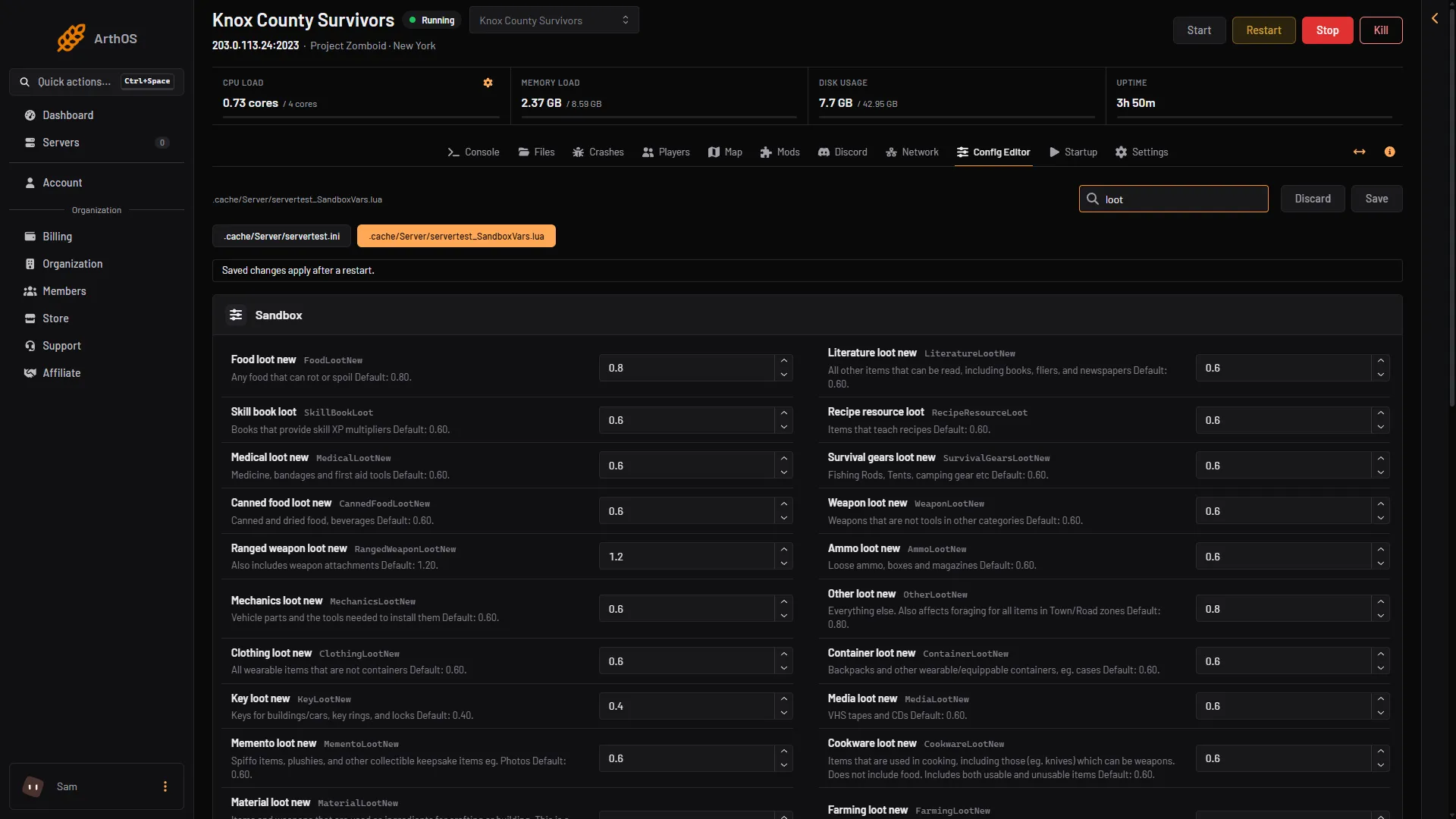 Config Editor sandbox file searched for loot, showing the per-type loot rows
