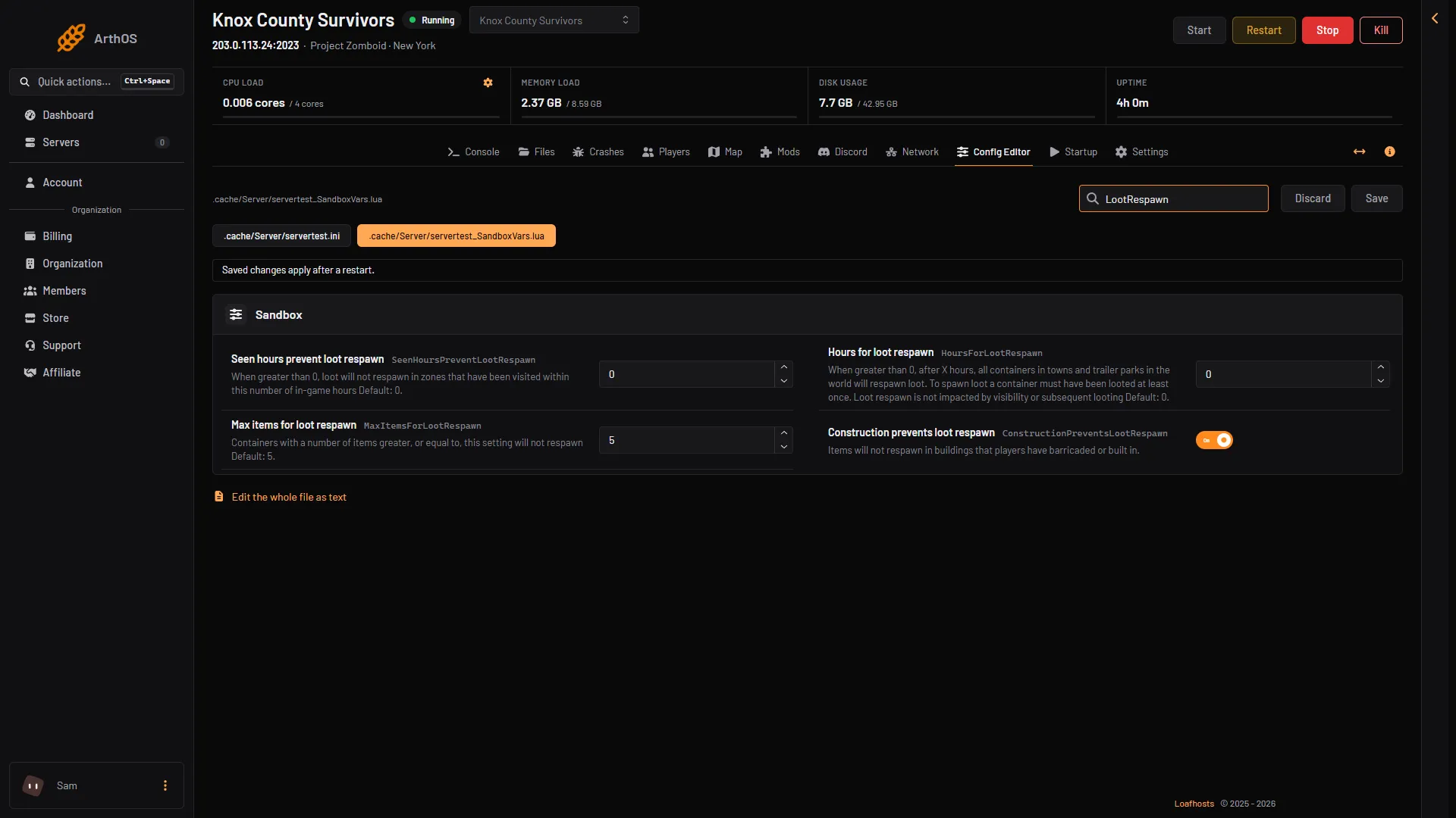 Config Editor sandbox file searched for loot respawn, showing the respawn rows