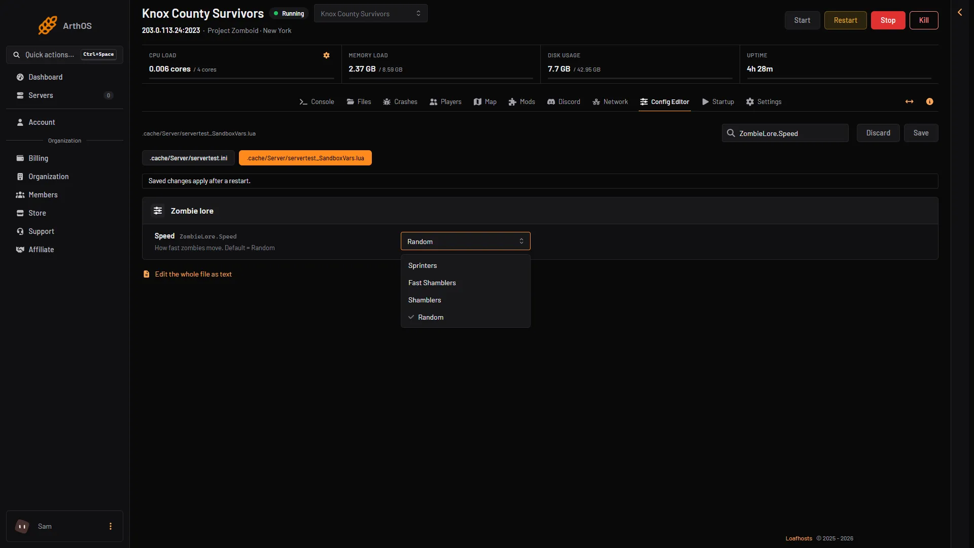 The Speed row with its list open: Sprinters, Fast Shamblers, Shamblers and Random