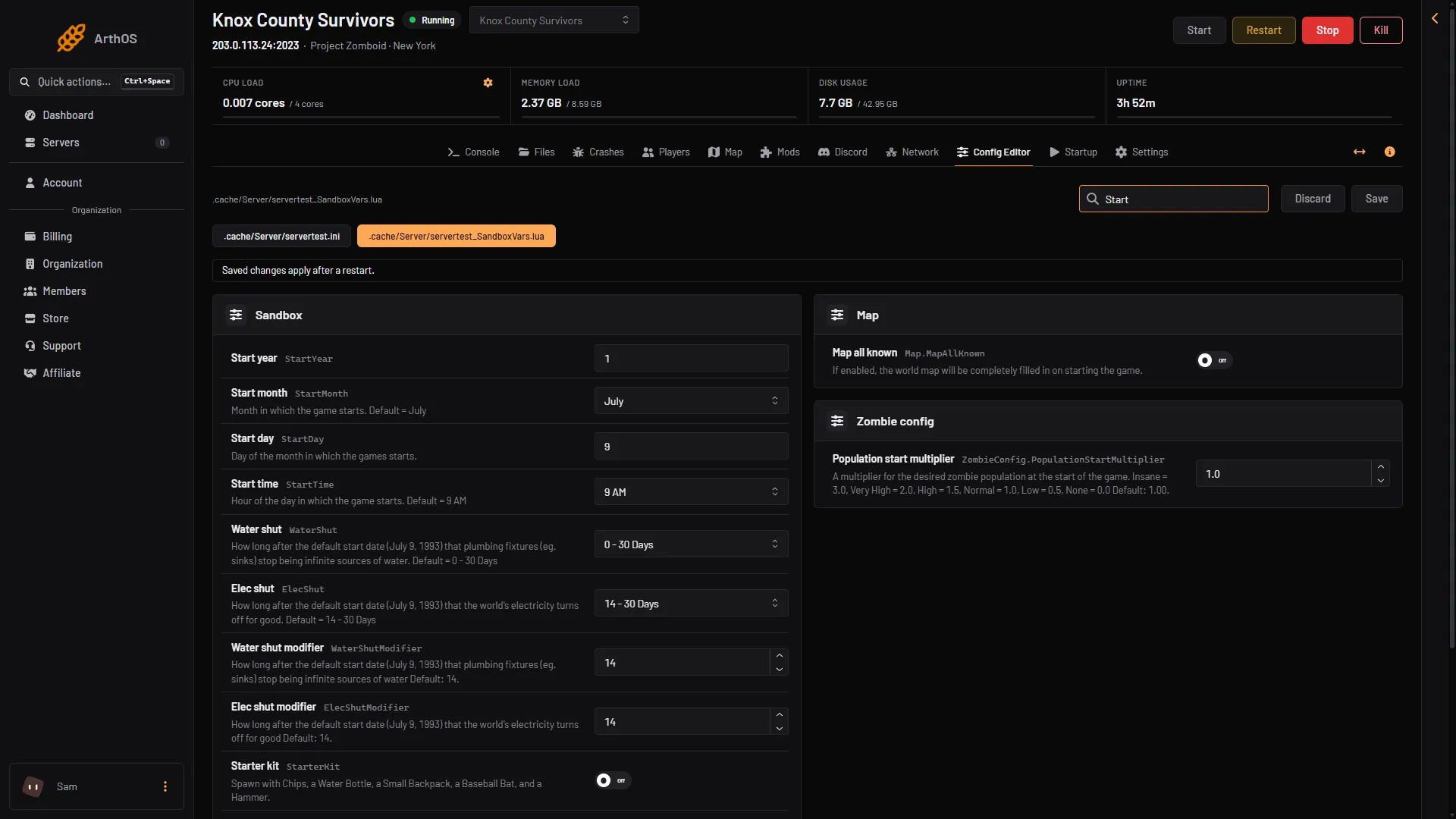 Start month, Start day and Start time rows in the Config Editor sandbox file