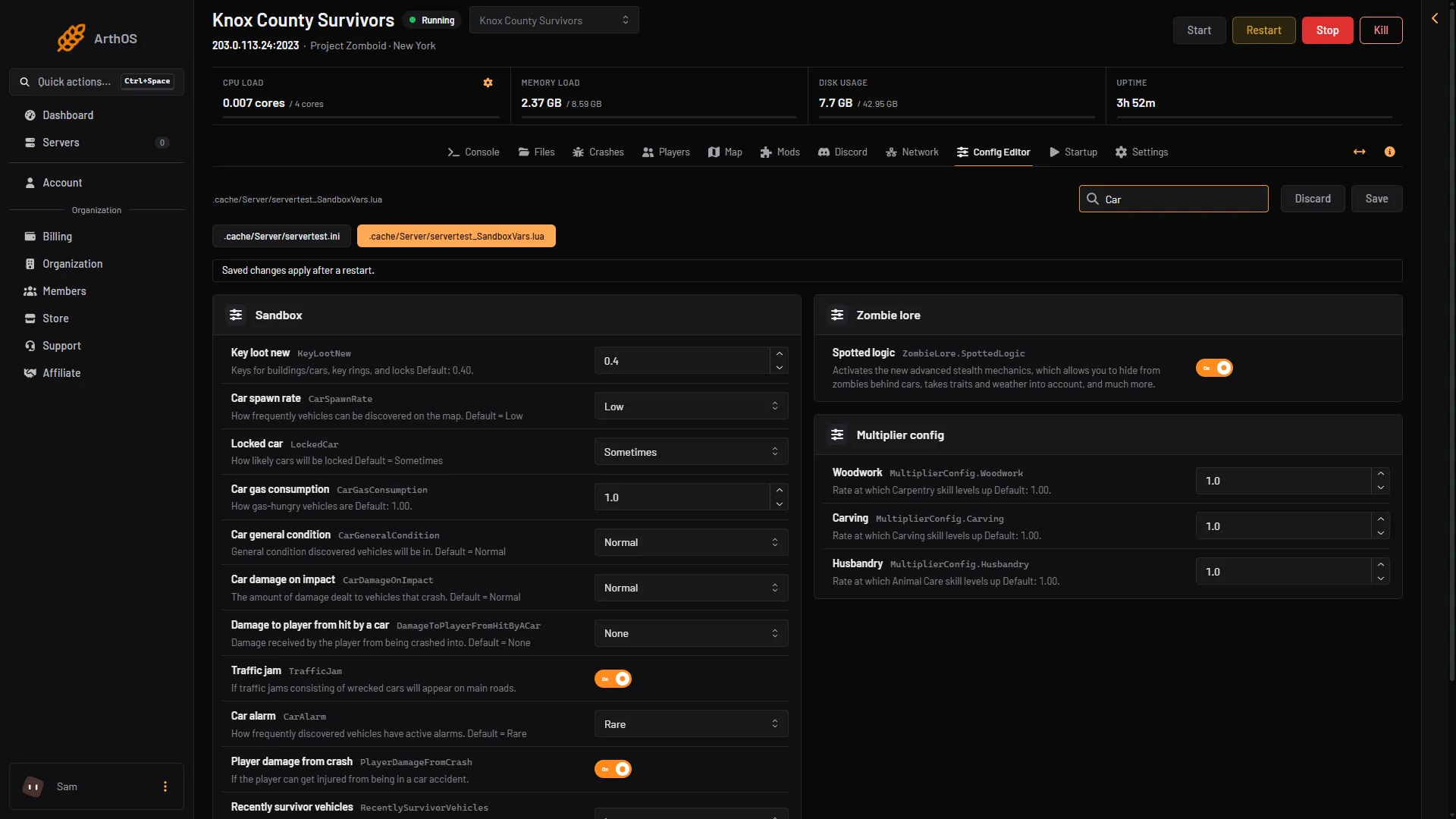 The sandbox file in the Config Editor, searched for Car, showing the vehicle rows
