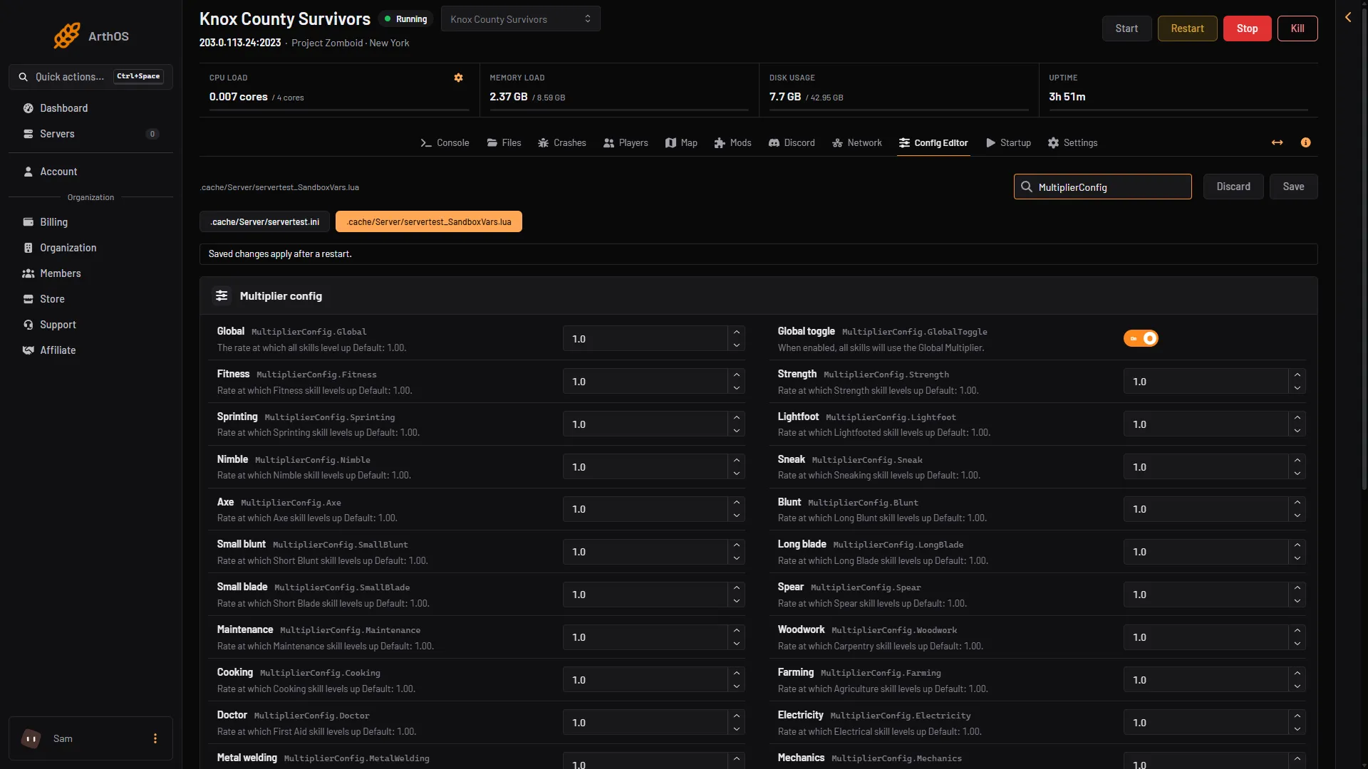 Config Editor sandbox file searched for MultiplierConfig, showing the Global and Global toggle rows