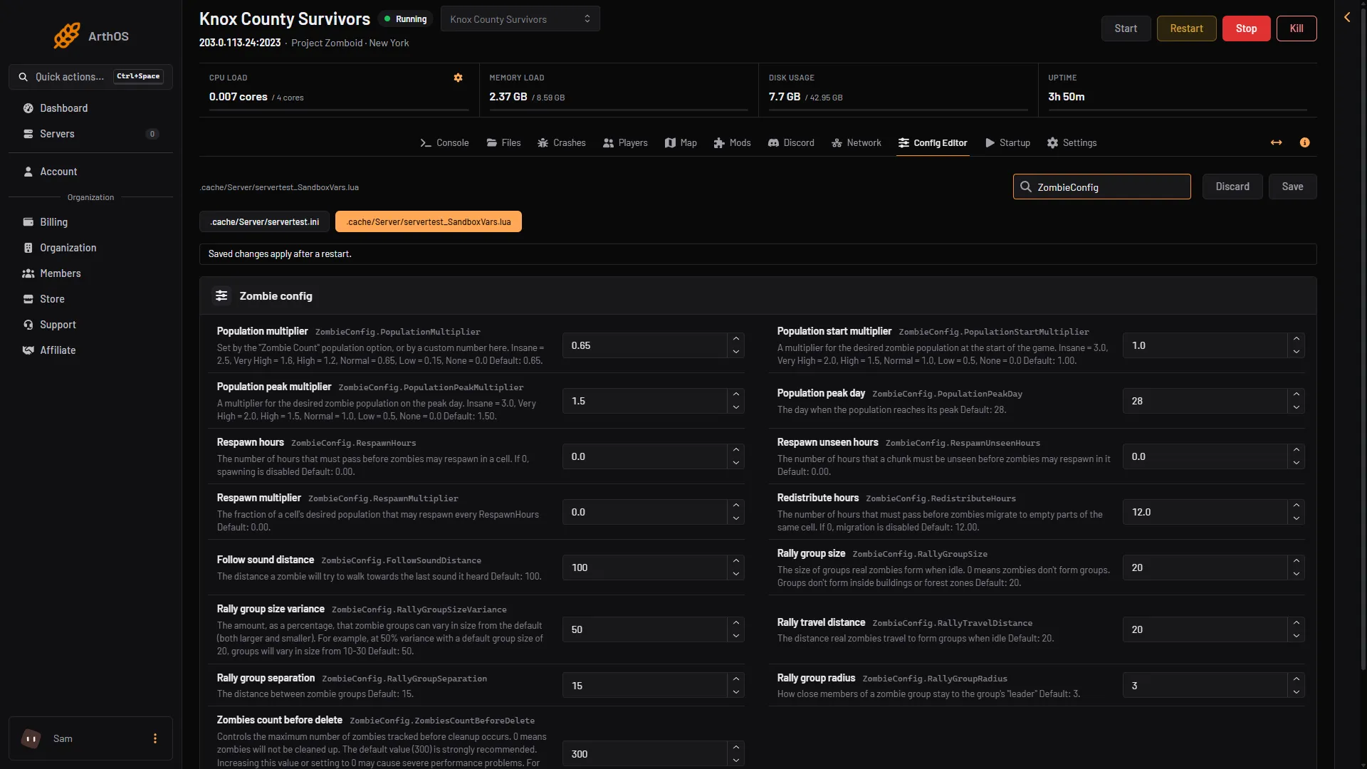 Sandbox file rows in the Zombie config group, including Population multiplier