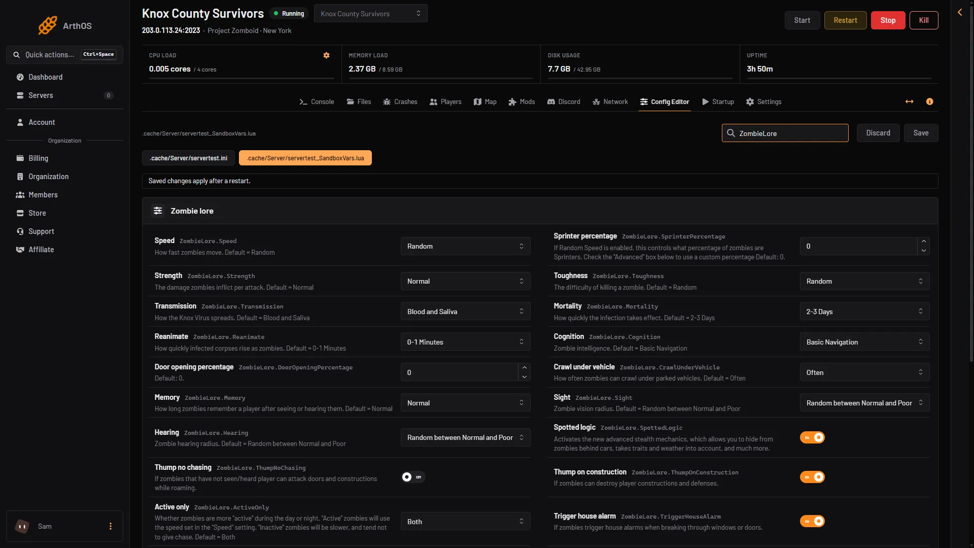 The Zombie lore group showing Speed, Sprinter percentage and Active only