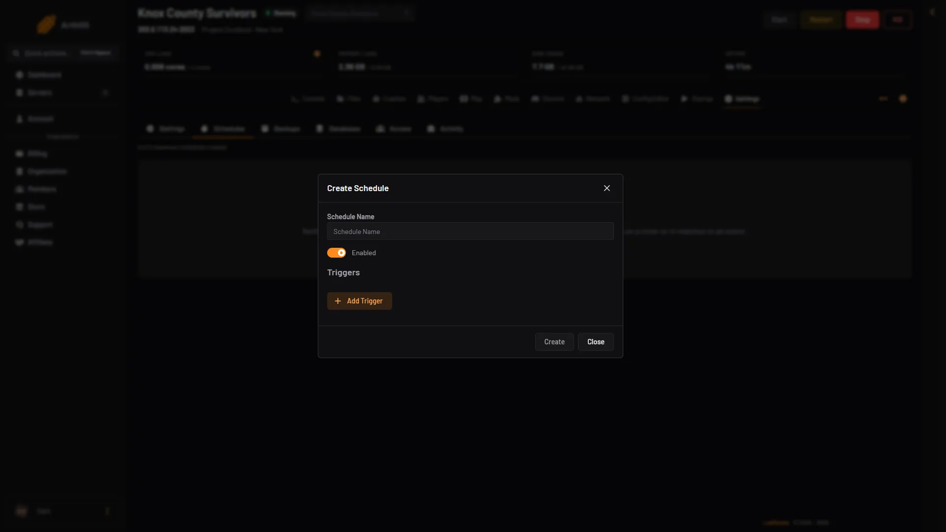 The Create Schedule box with the Schedule Name field and the Add Trigger button