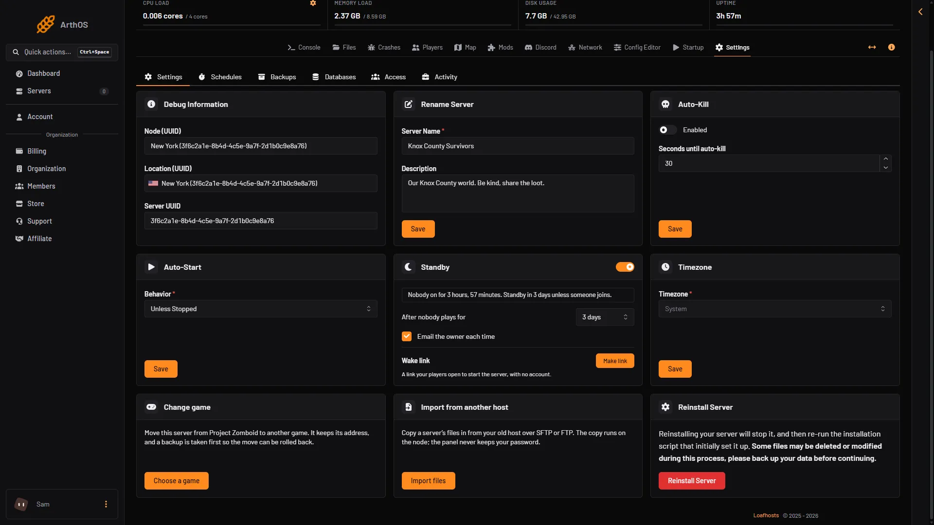 The Standby card on the Settings page with the wake link