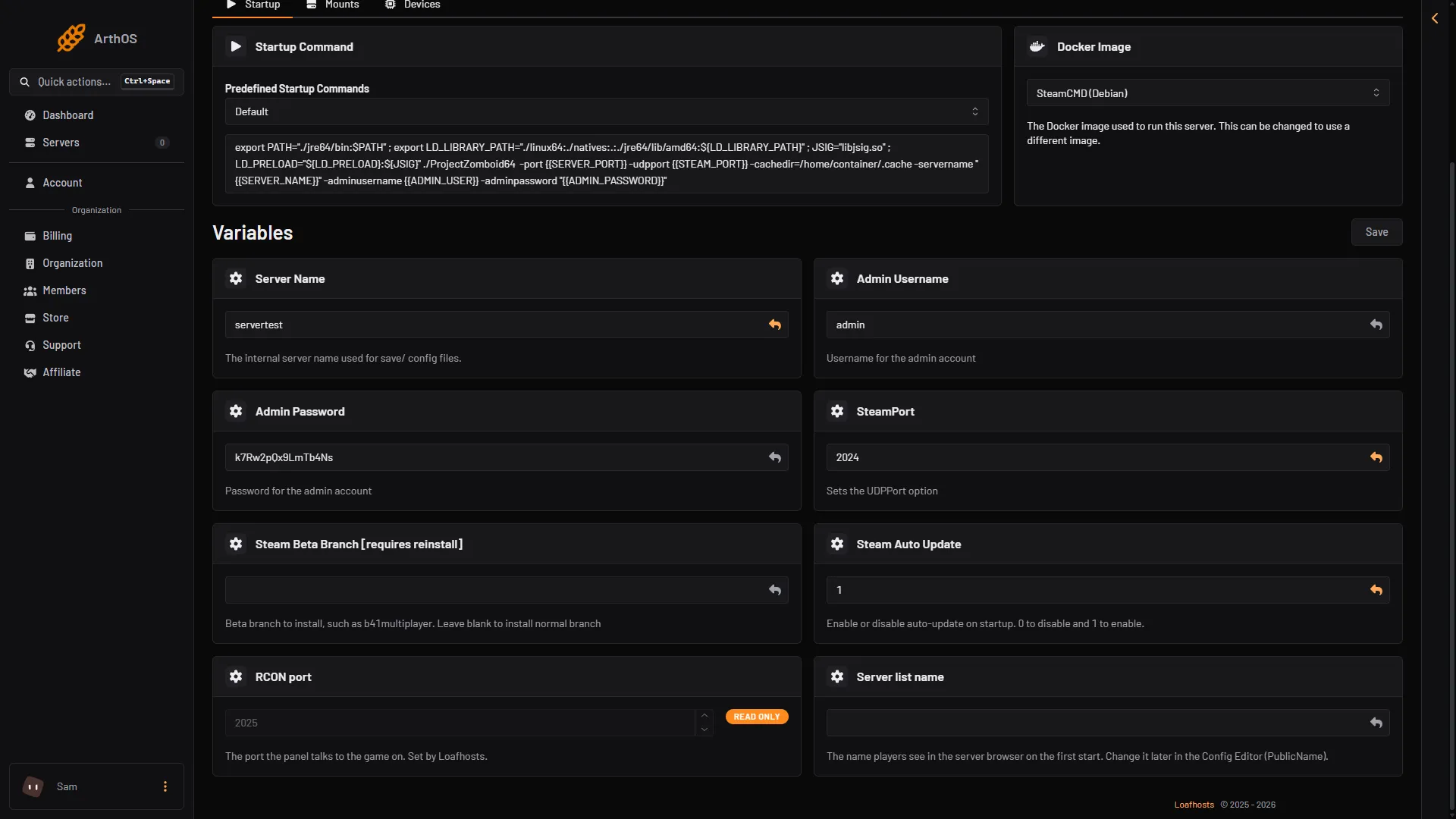 Startup page with the Admin Username and Admin Password rows