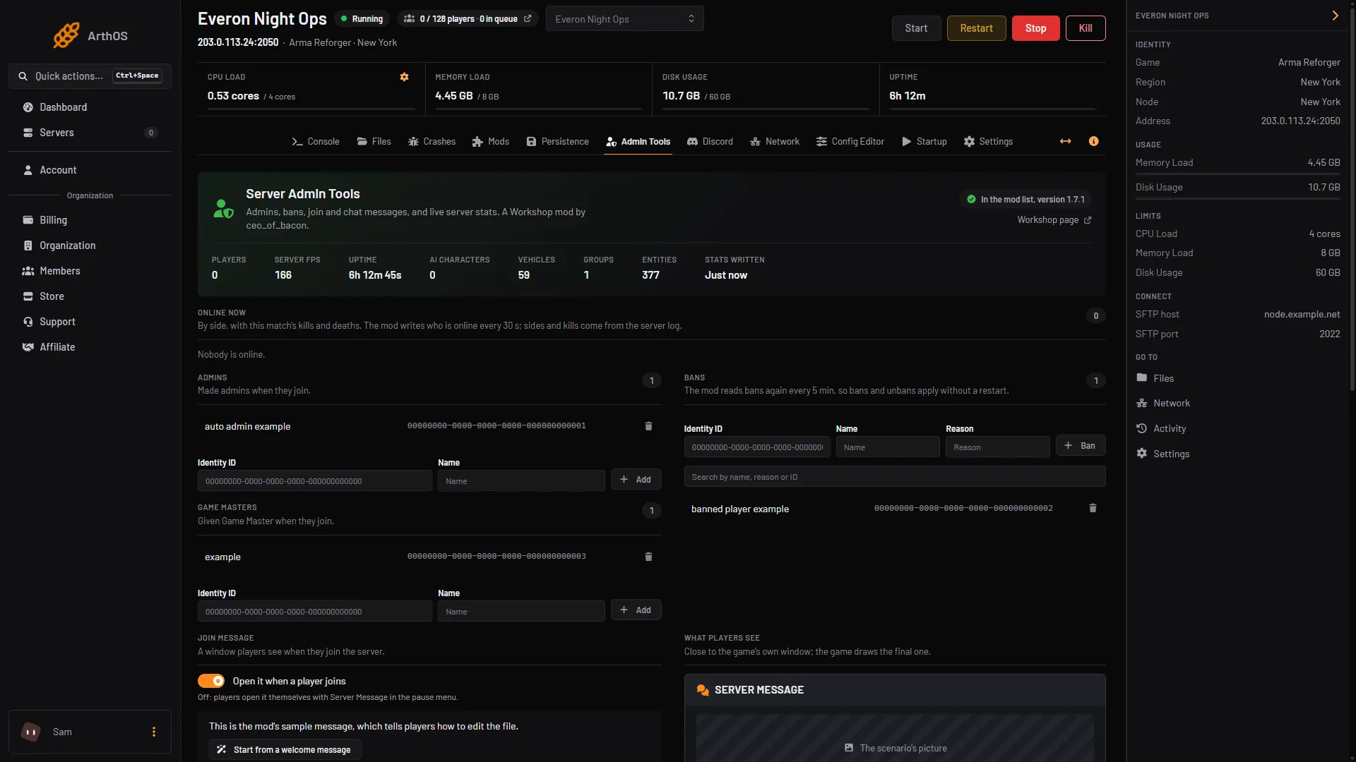 The Bans card of the Admin Tools tab