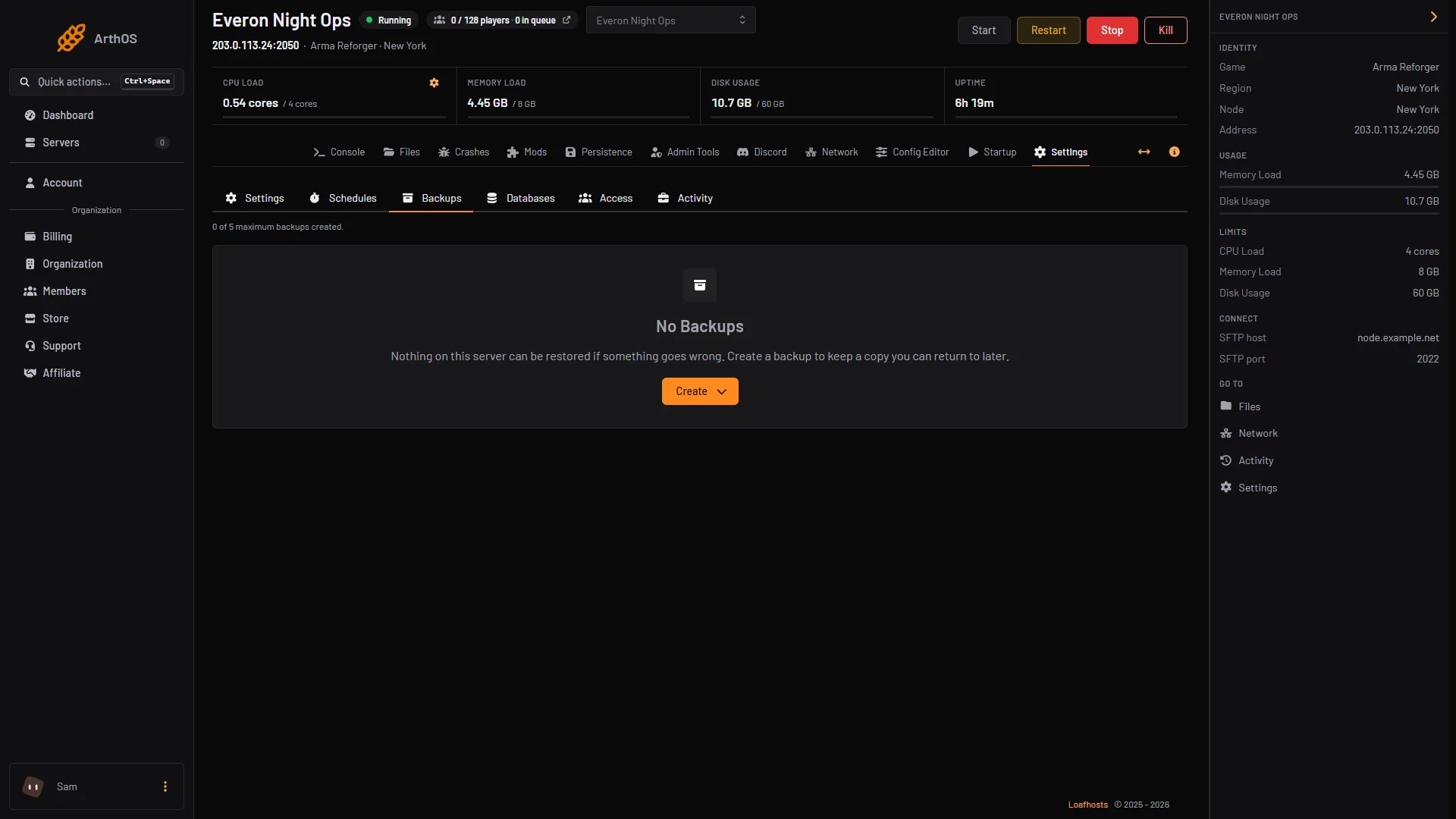 Settings, Backups tab: the limit line and the Create button that opens the Create Backup menu