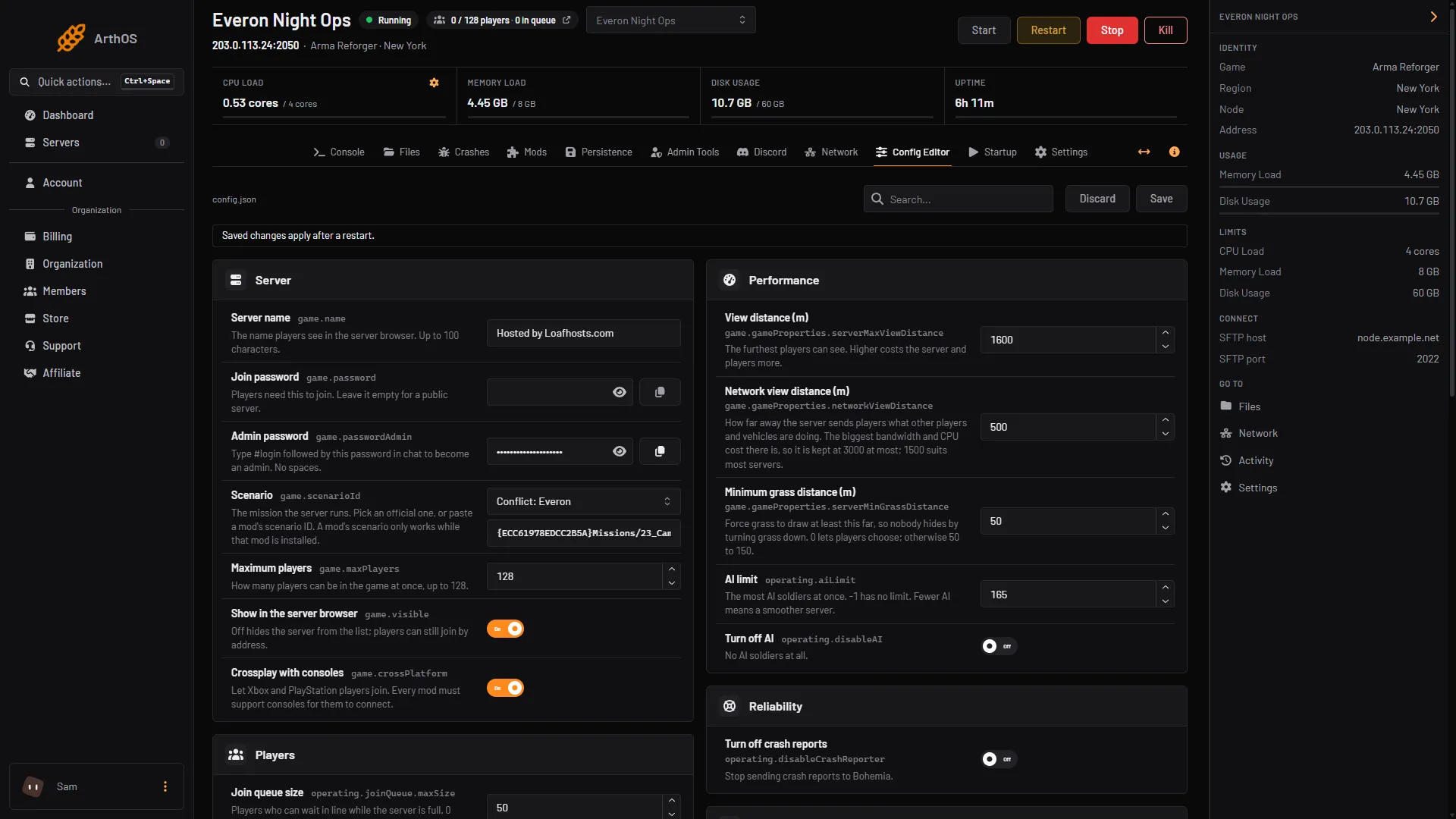 Reforger config editor with labelled server, player and gameplay settings