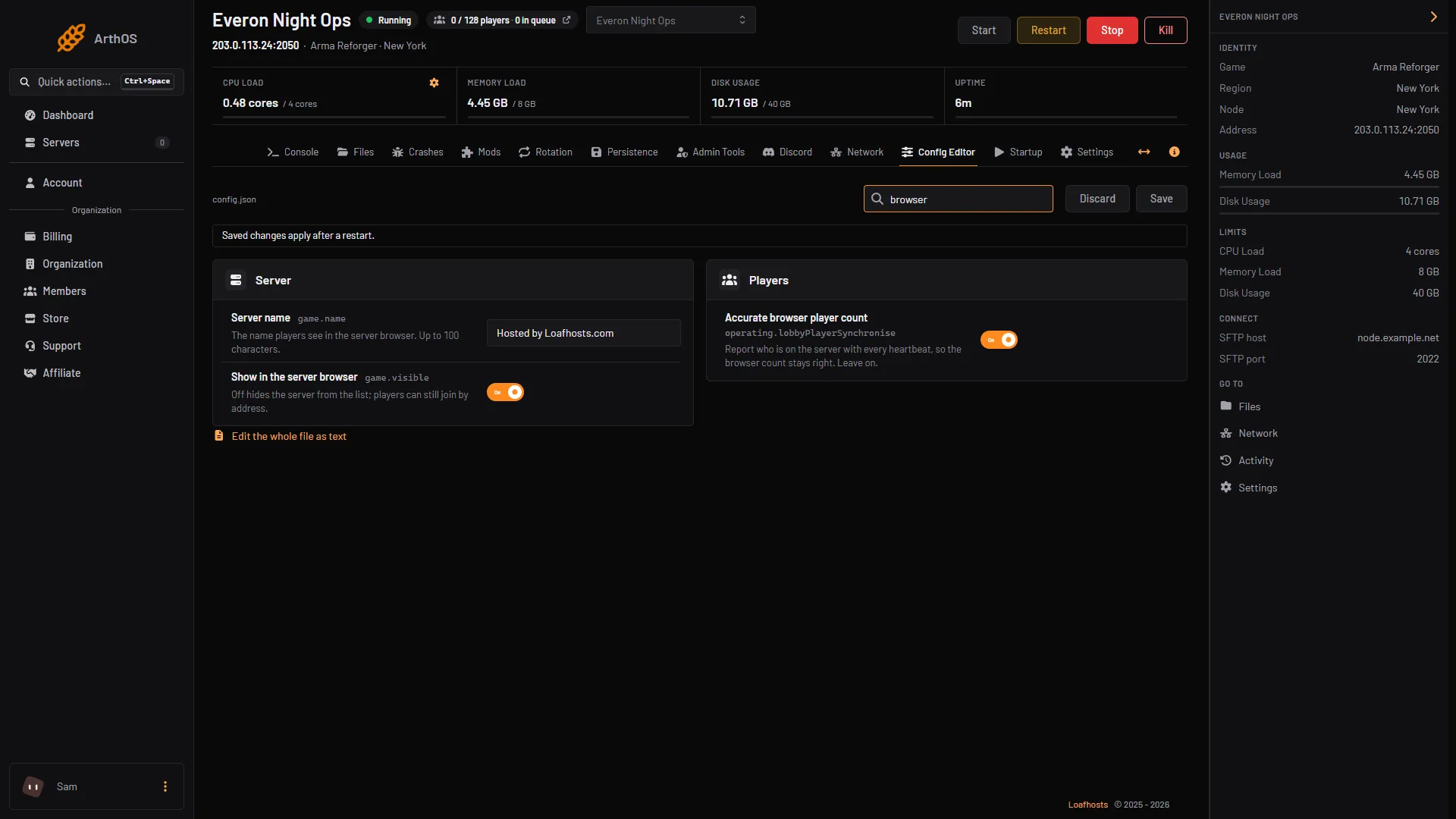 The Show in the server browser row in the Config Editor