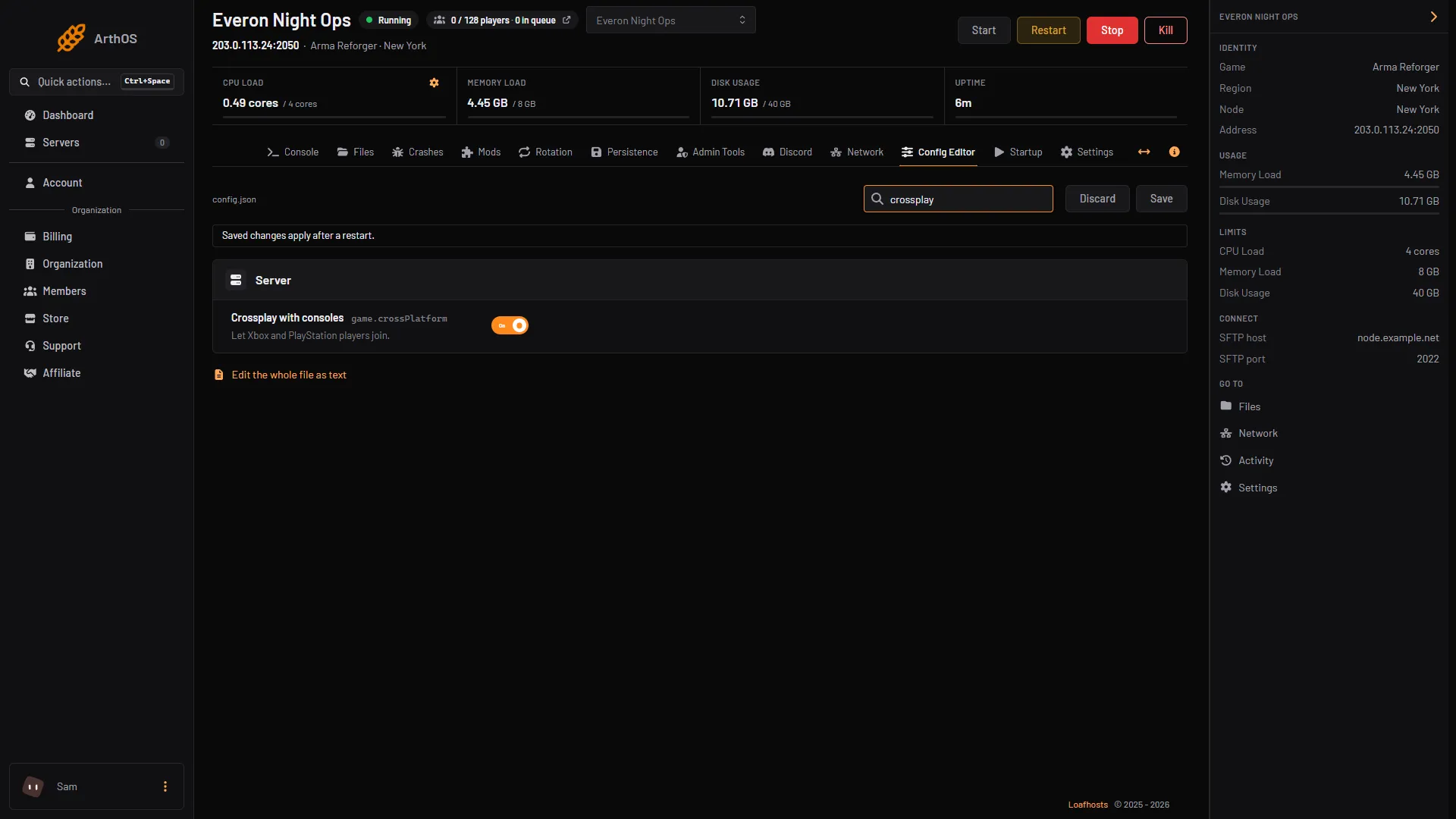 The Config Editor searched for crossplay, showing the Crossplay with consoles row and the Save button