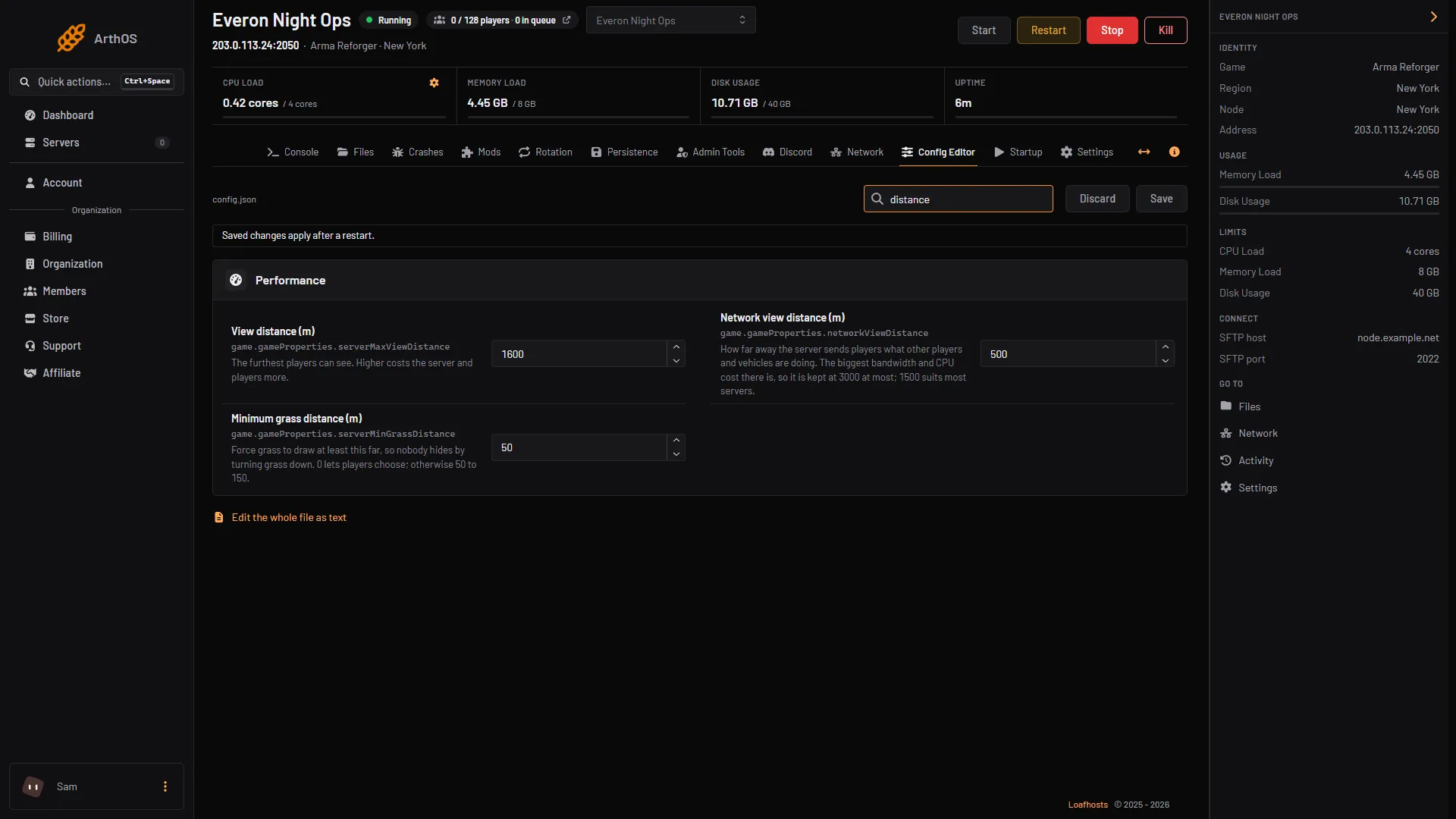 The three distance rows in the Performance group of the Config Editor