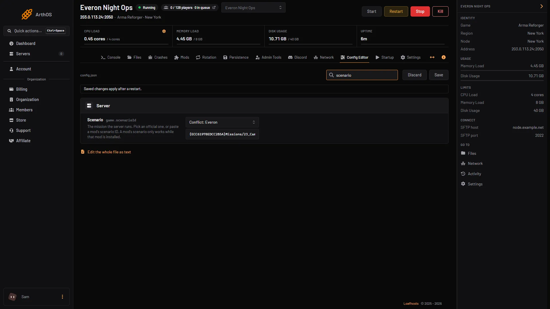 The Scenario row in the Config Editor, where the ID is pasted