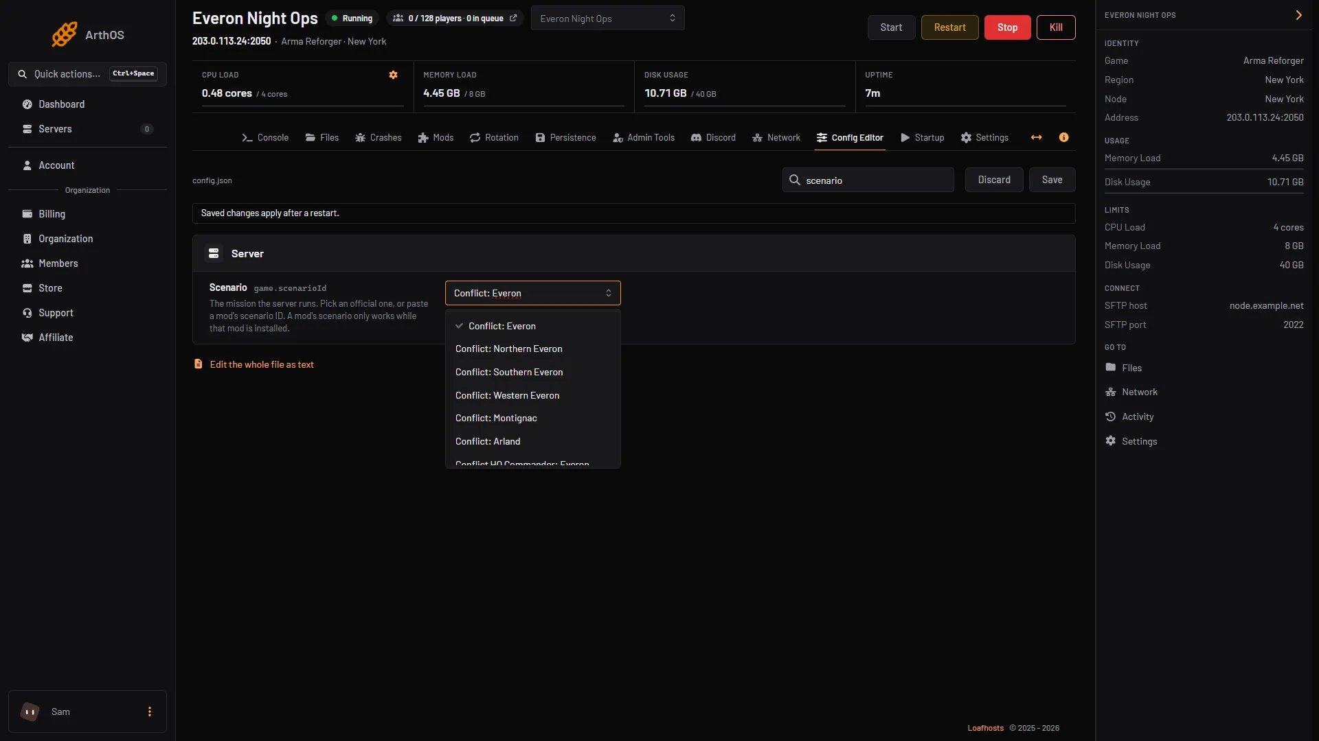 The Scenario list open in the Config Editor, showing the first Conflict entries