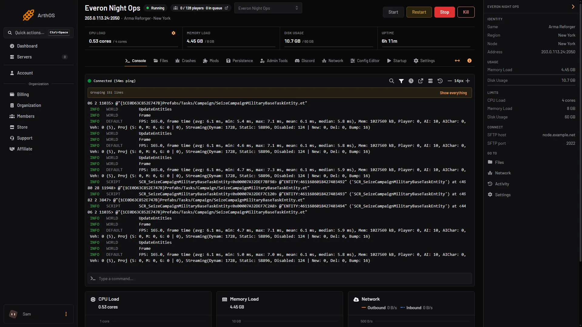 The Console tab with the resource strip showing CPU Load, Memory Load, Disk Usage and Uptime