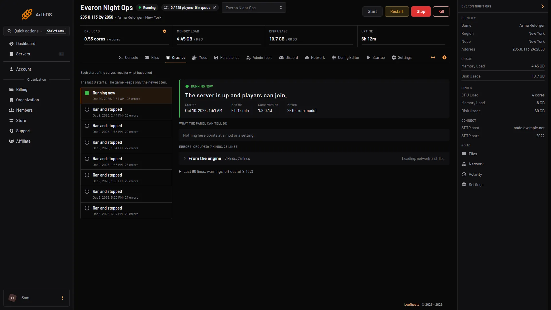 Crashes tab with a start open and its Game version
