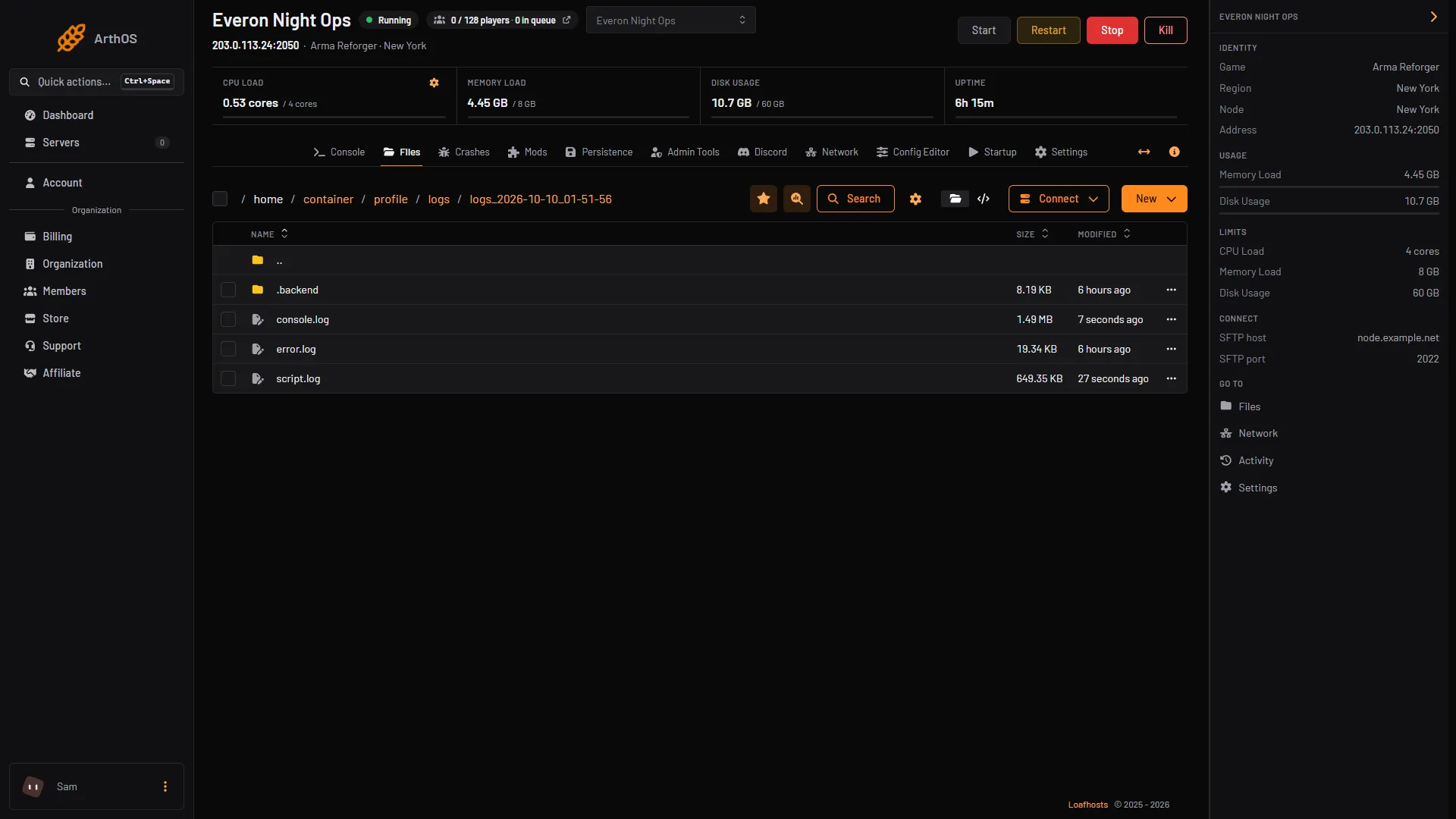 Inside a logs_ folder: console.log, error.log and script.log