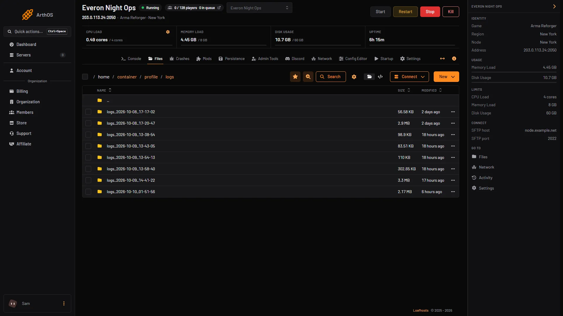 The Files tab inside /profile/logs, with the newest logs_ folder