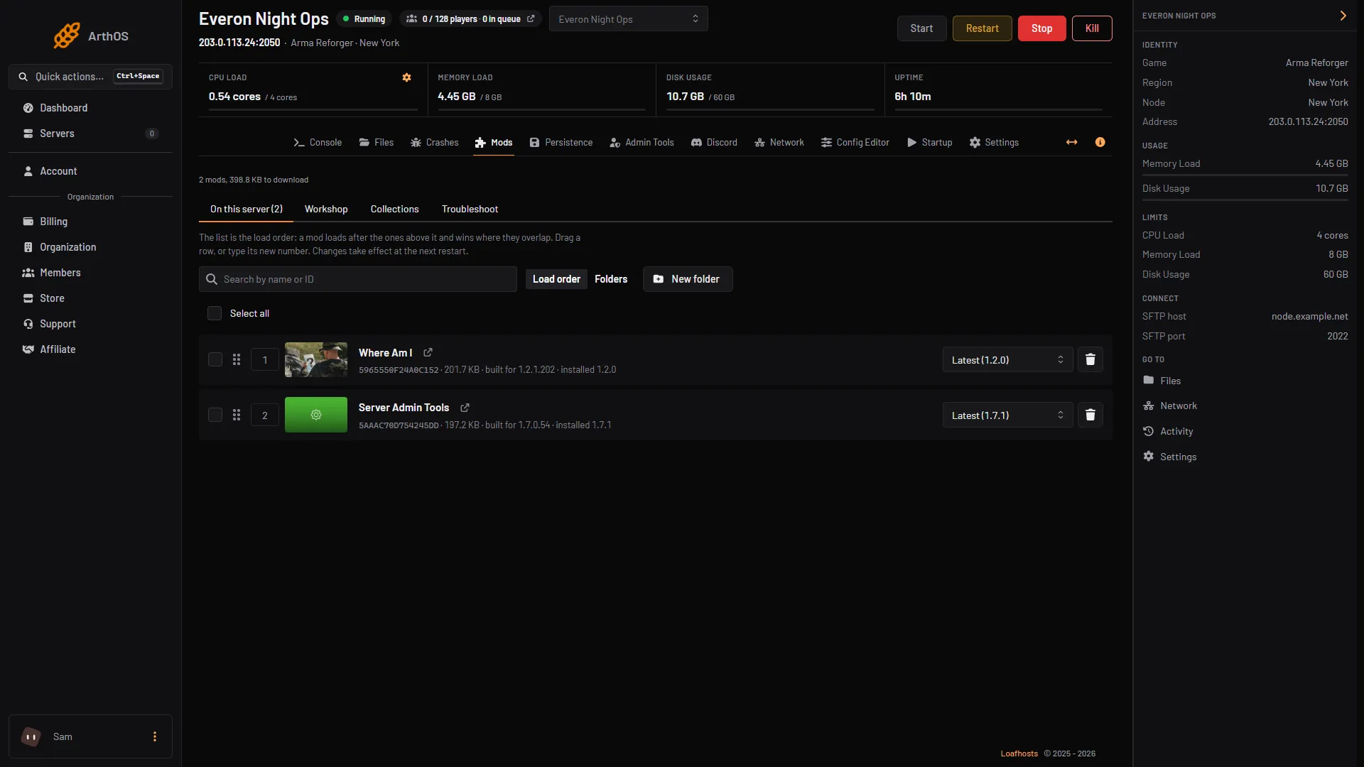 The Mods page with the Remove bin on a mod row