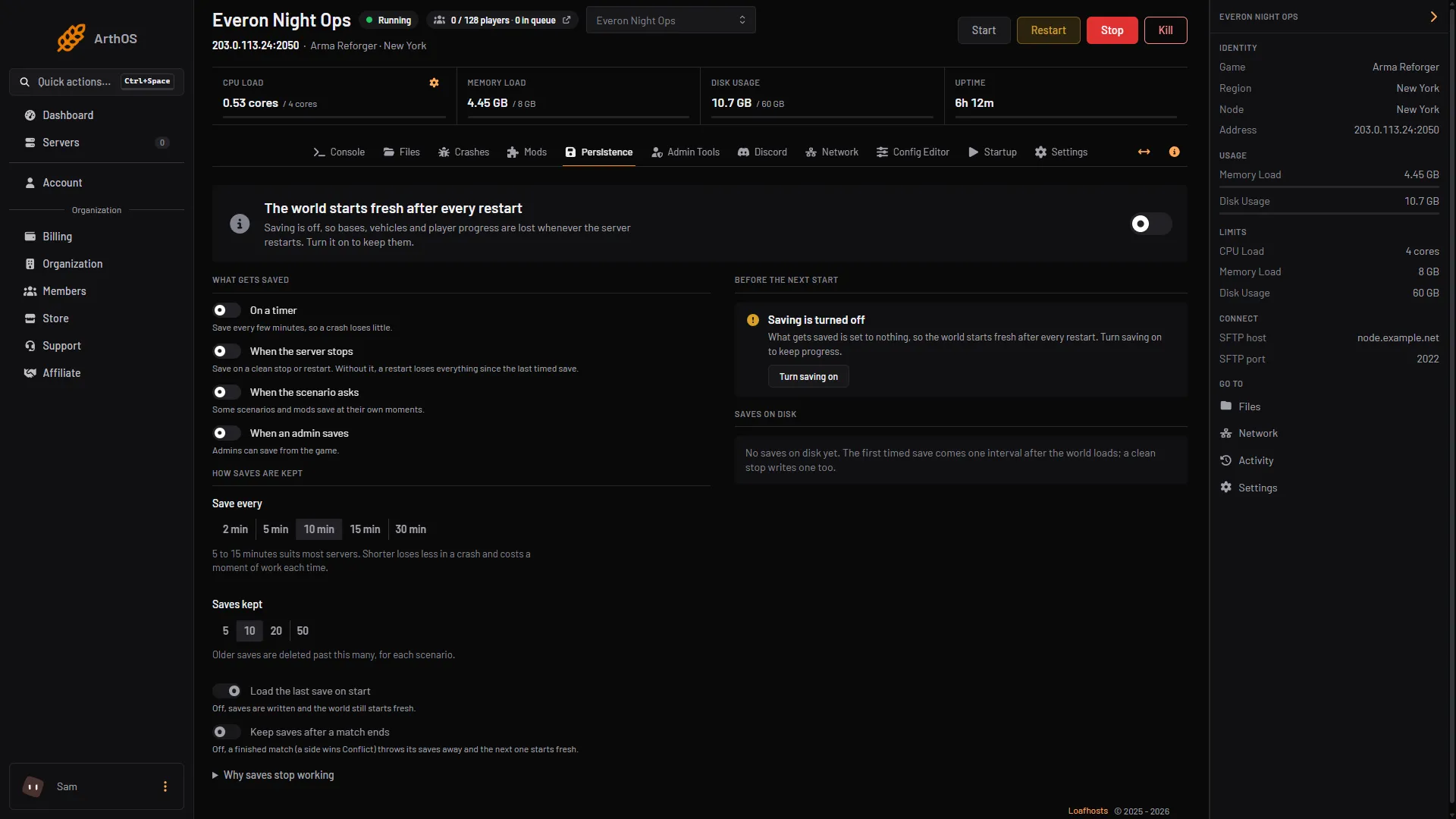 The Persistence tab with the Load the last save on start and Keep saves after a match ends switches