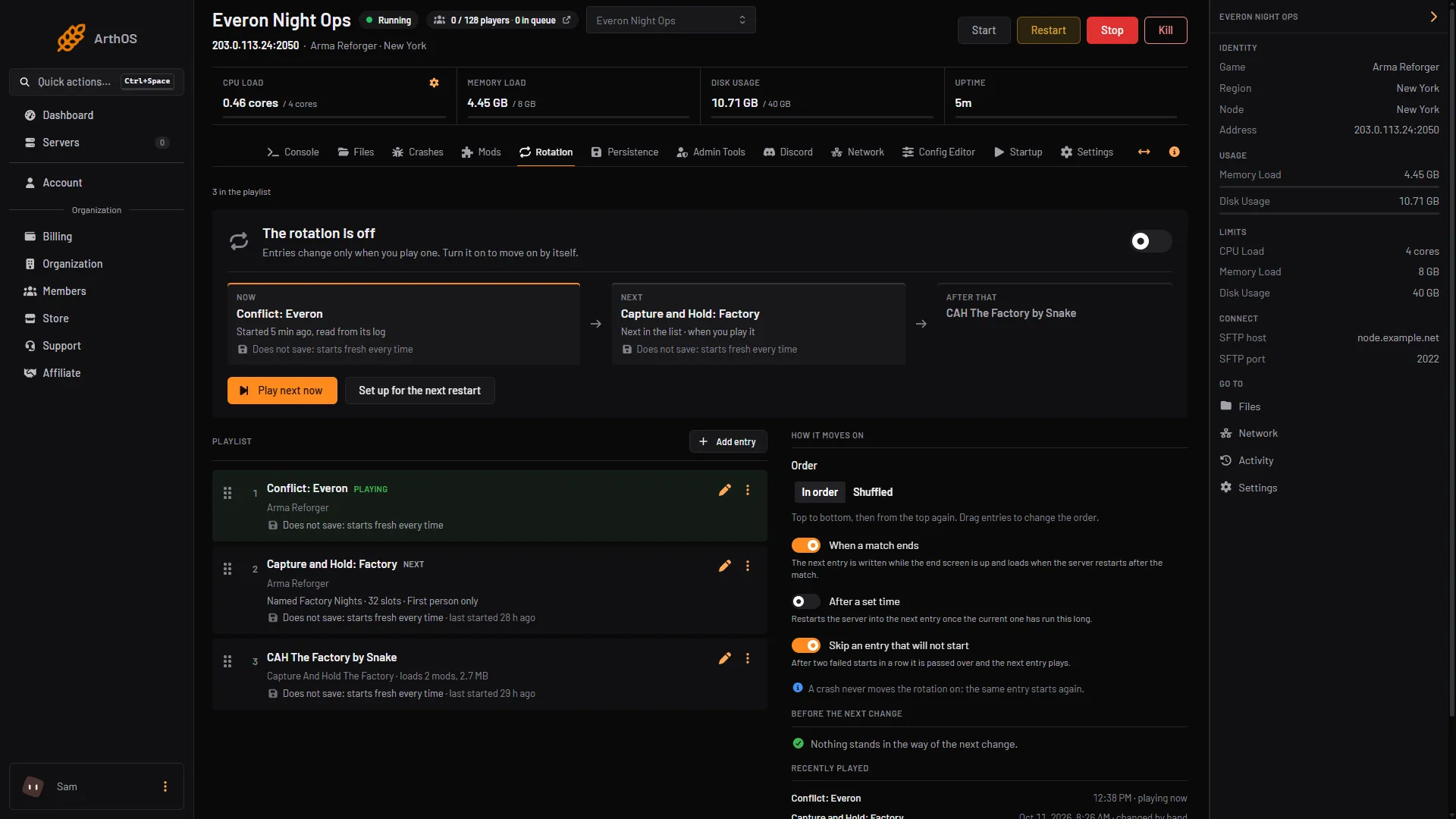 The Rotation tab with three entries in the playlist, the rotation switch, Add entry and the How it moves on rules