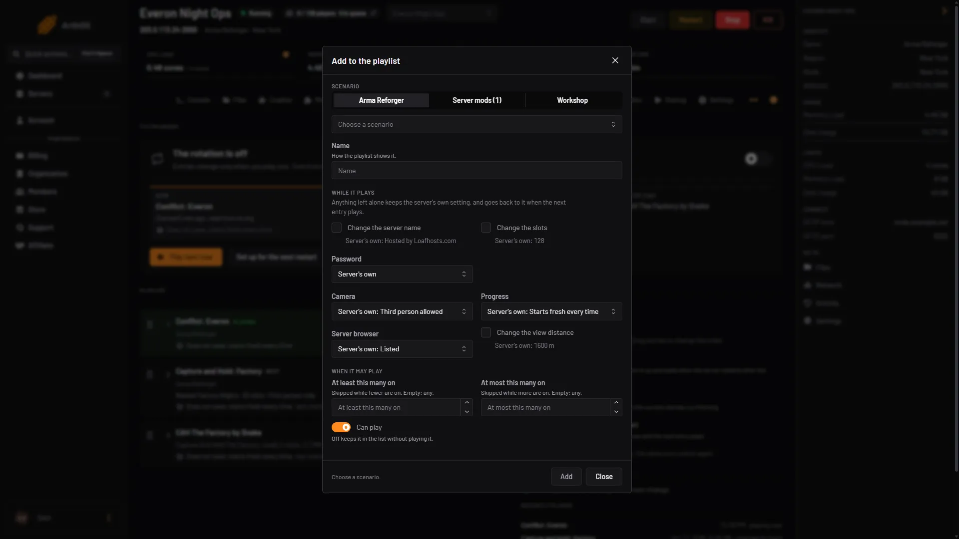 The Add to the playlist window with the scenario, what changes while it plays and when it may play