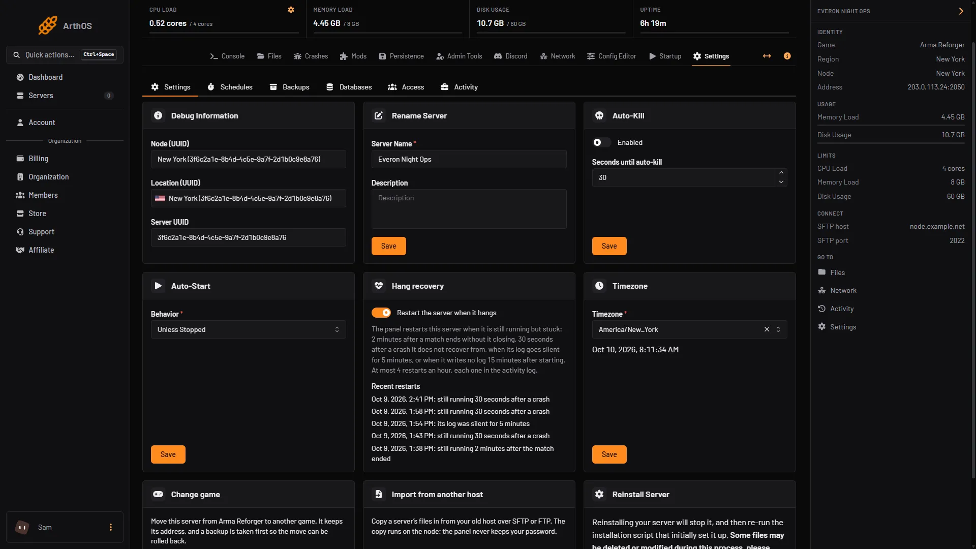 The Reinstall Server card at the bottom of the Settings tab