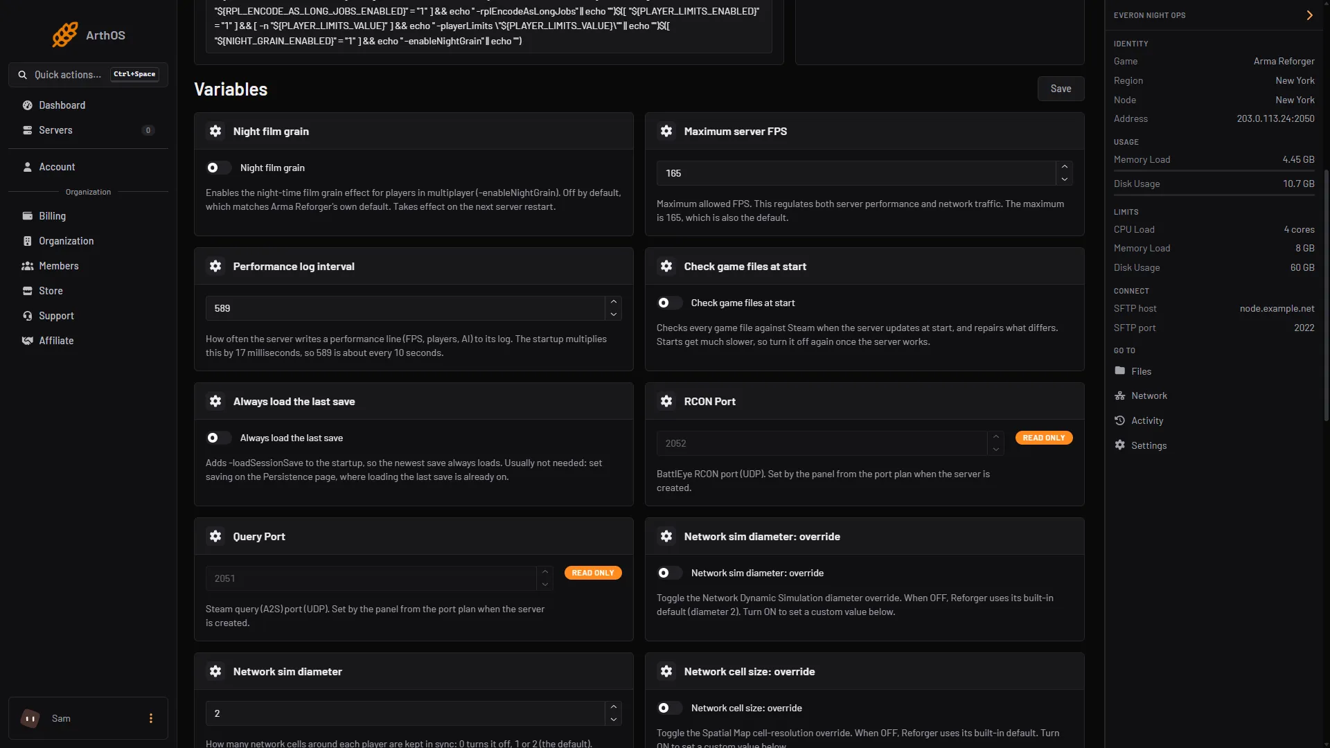 The Maximum server FPS variable on the Startup tab
