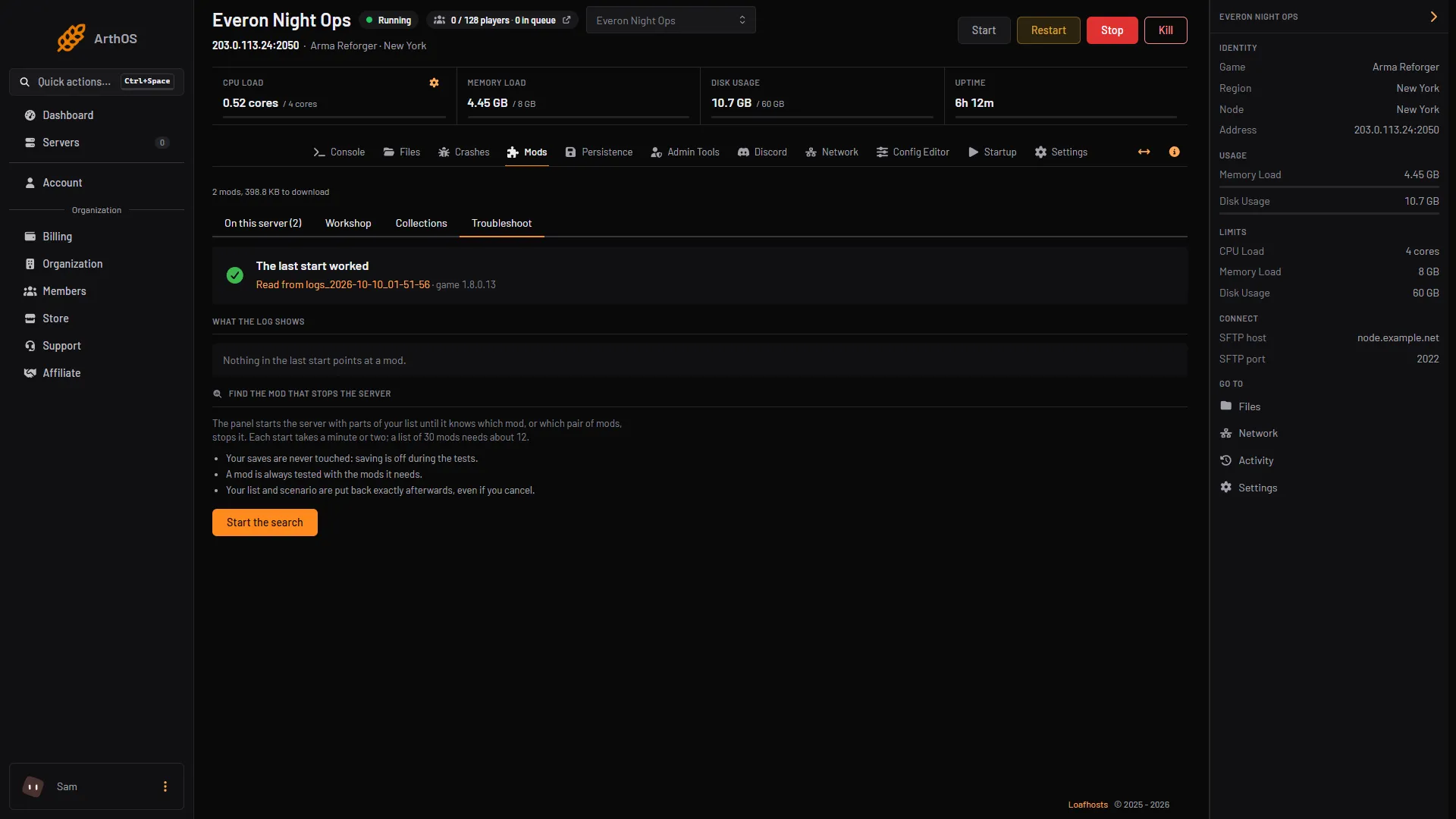 The Troubleshoot tab on Mods, with what the log shows