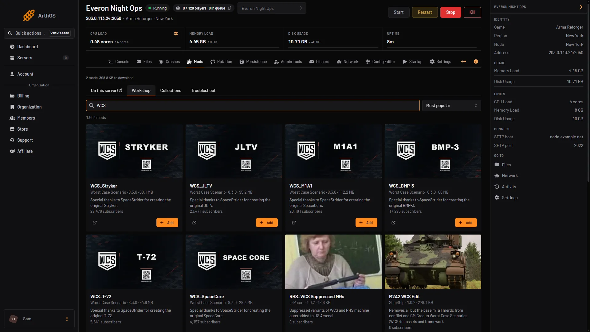 The Workshop tab searched for WCS, showing the WCS_Stryker card and its Add button