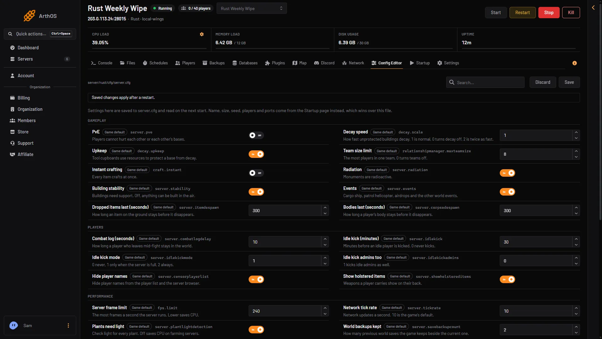 Rust config editor with server.cfg settings grouped into gameplay, players and performance