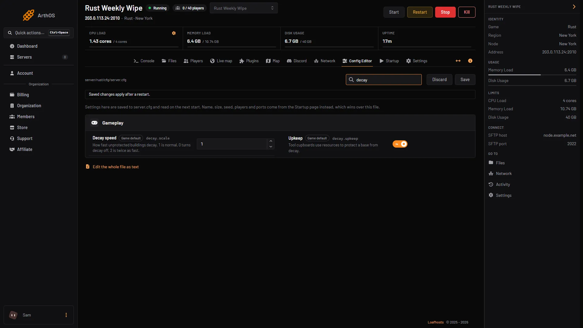 The Decay speed and Upkeep rows in the Config Editor