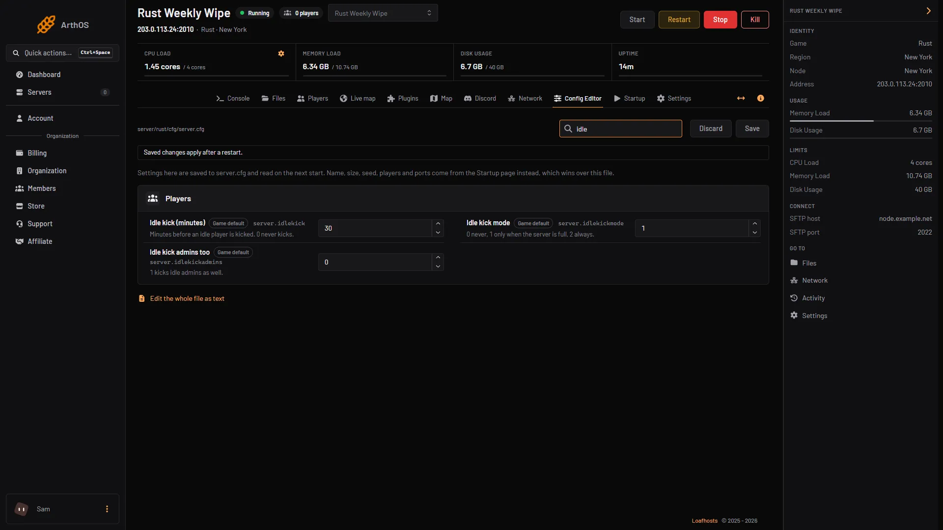The Config Editor searched for idle, showing the three idle kick rows