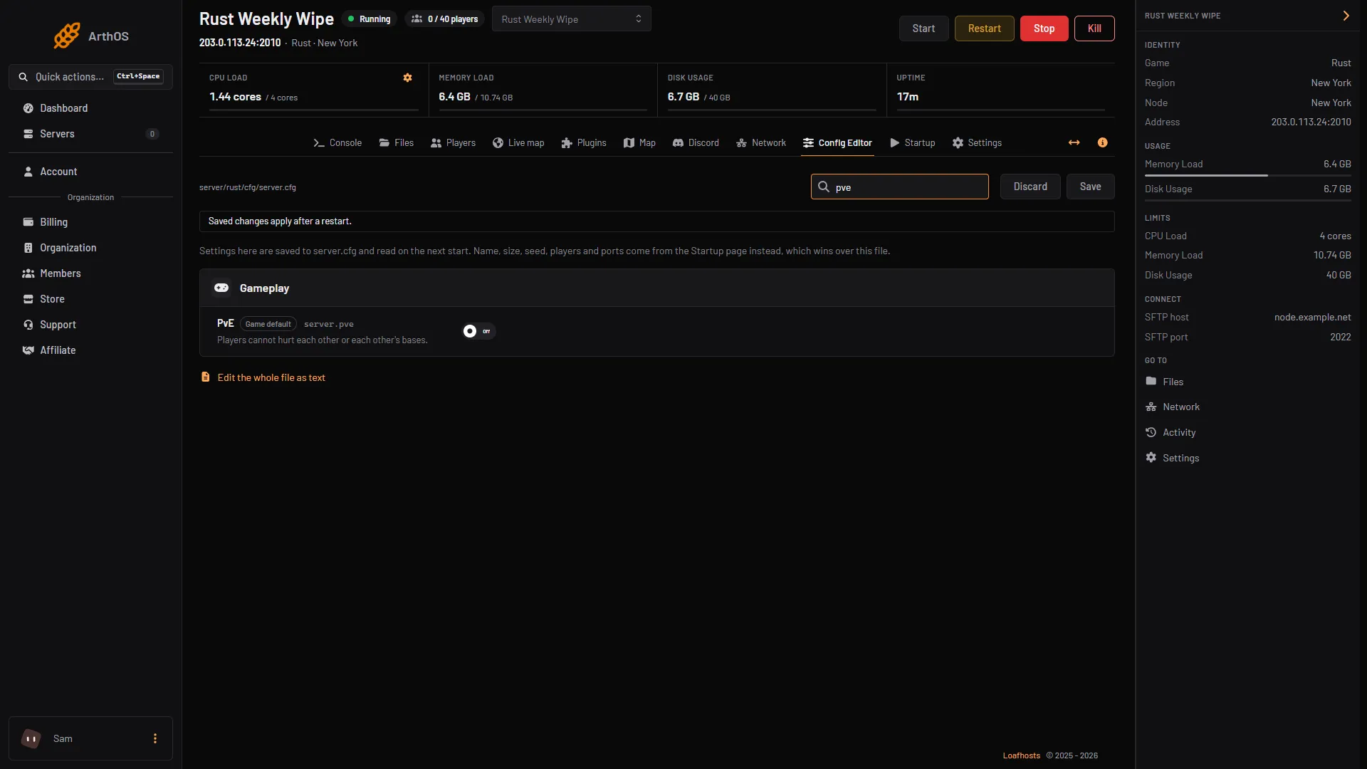The Config Editor searched for PvE, with the PvE row and Save
