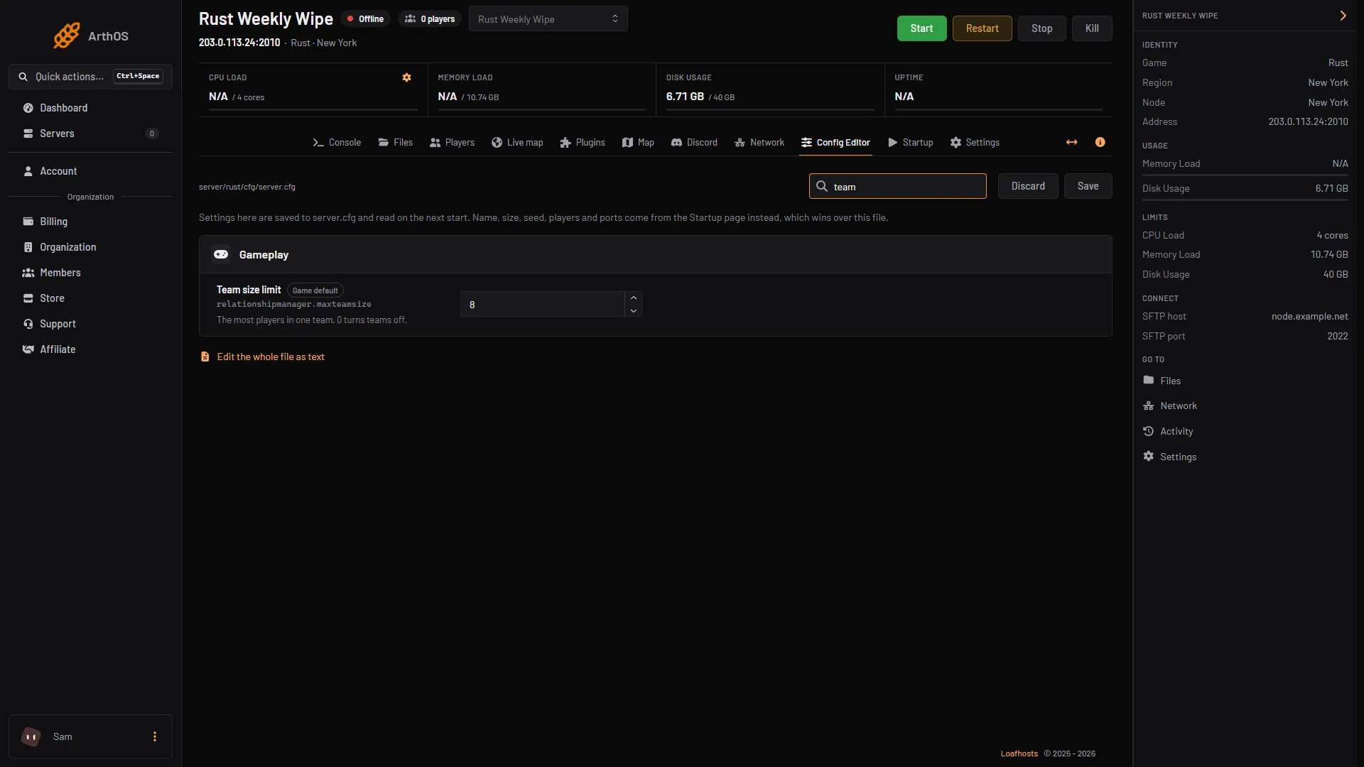 The Config Editor searched for team, showing the Team size limit row