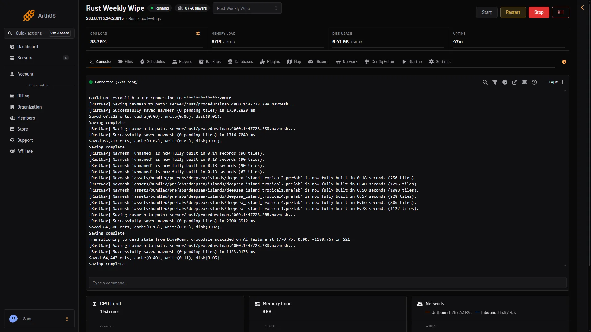 Rust live console with server output and resource charts