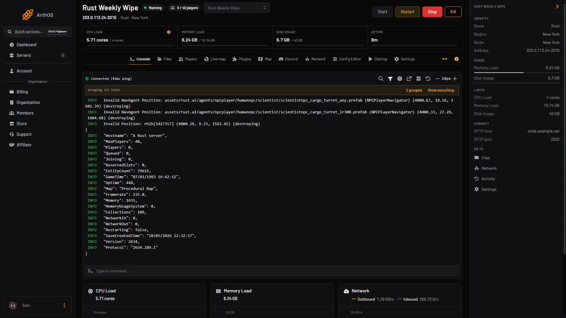 The Console after serverinfo, with the Framerate line
