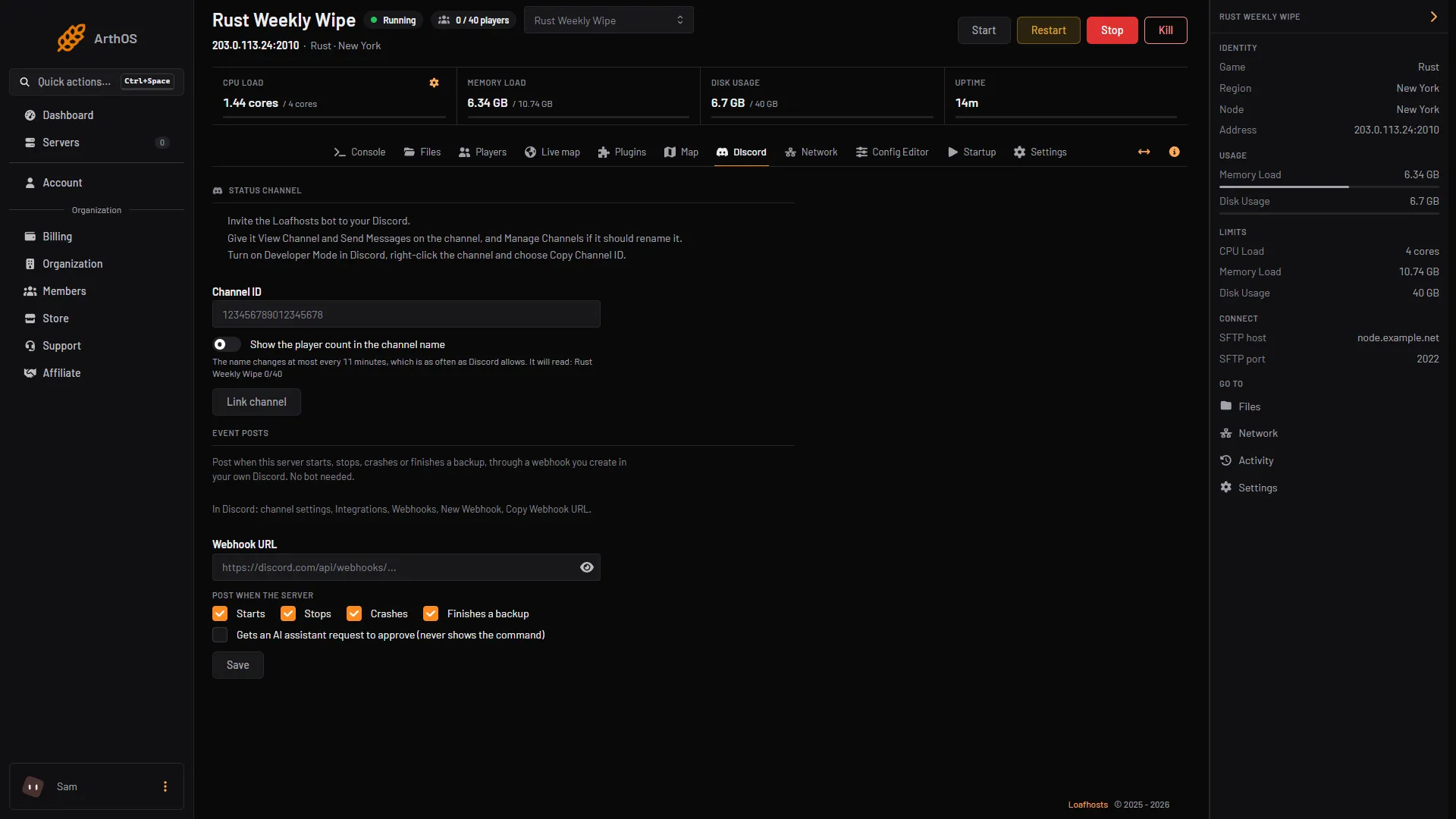 The Discord page of a Rust server with the Status channel and Event posts cards