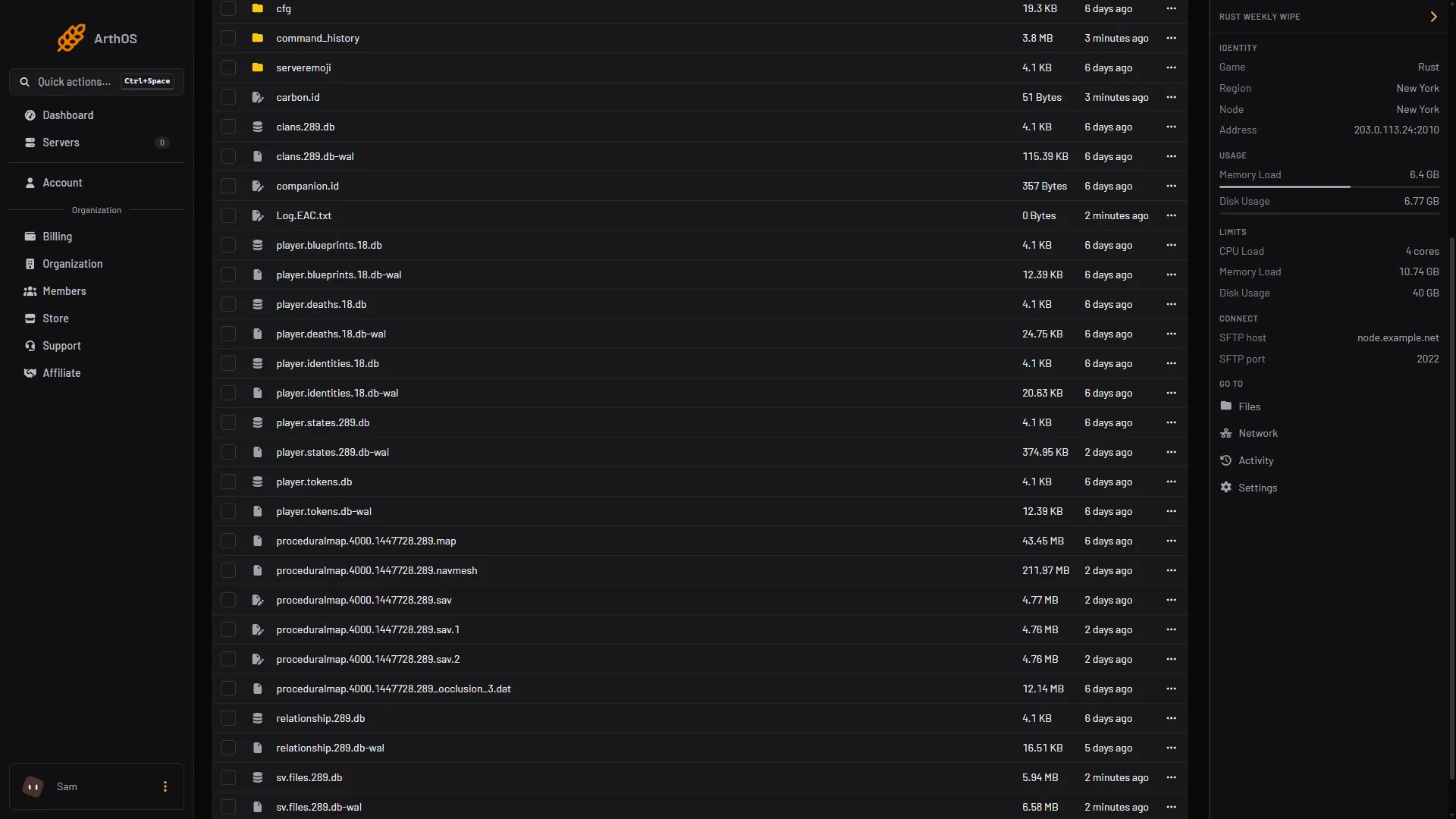 The server/rust folder in Files, with the blueprint files and the save file with its copies