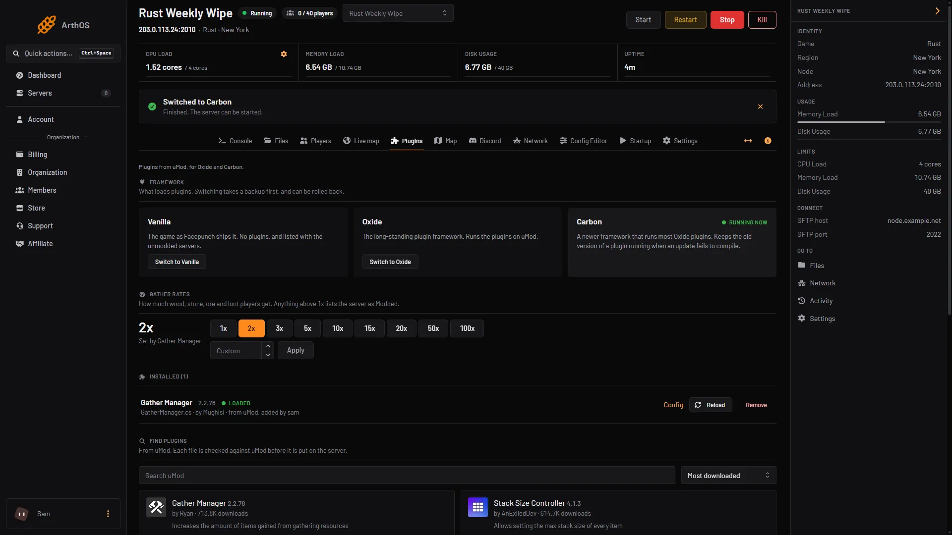 The Plugins tab with Carbon running, a 2x gather rate set, the rate buttons, Custom and Apply, and Gather Manager installed