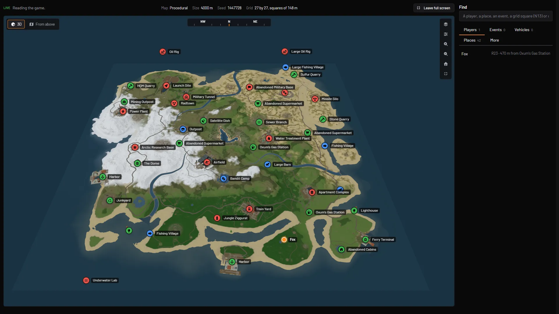Rust live map in 3D with named monuments, a player on the map and the players list