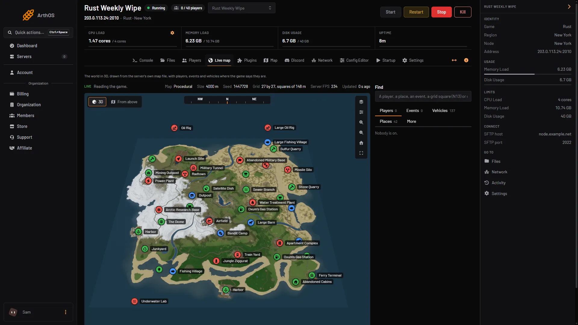 The Live map of a running Rust server, with the 3D and From above switch, Server FPS, the Find box and the Players, Events, Vehicles, Places and More tabs