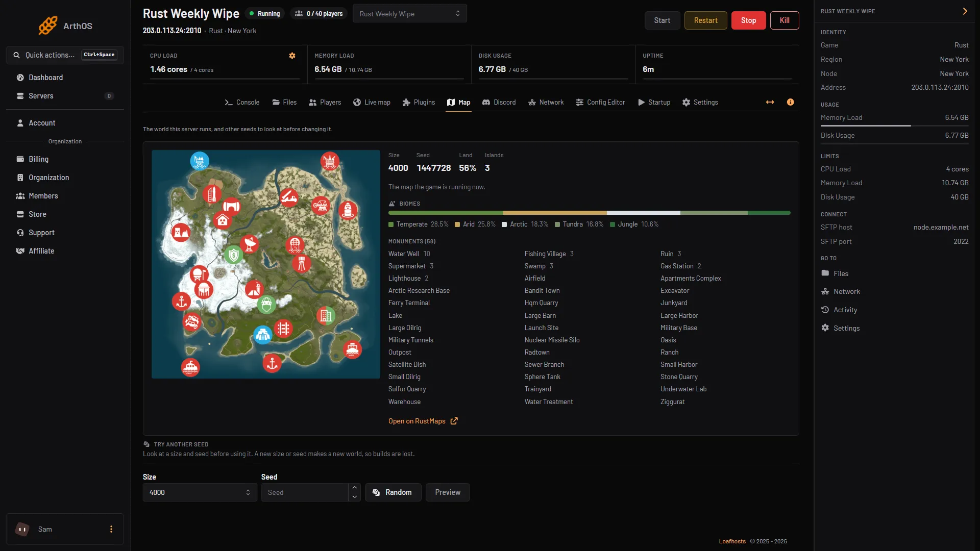 The Map tab with the running map and the Try another seed form